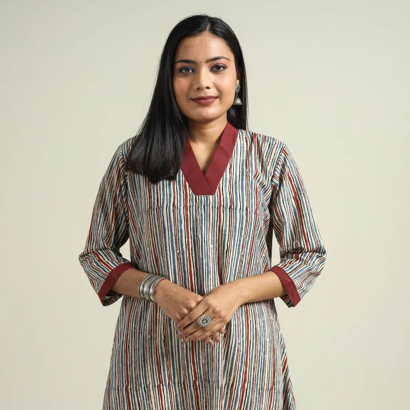 Multicolor - Cream with Stripes - Ajrakh Hand Block Printed Cotton A-Line Kurta sold by Itokri