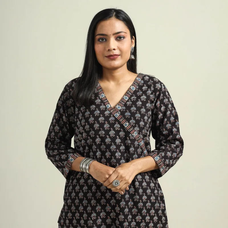 Black with Flower Ajrakh Hand Block Printed Cotton Kurta sold by Itokri