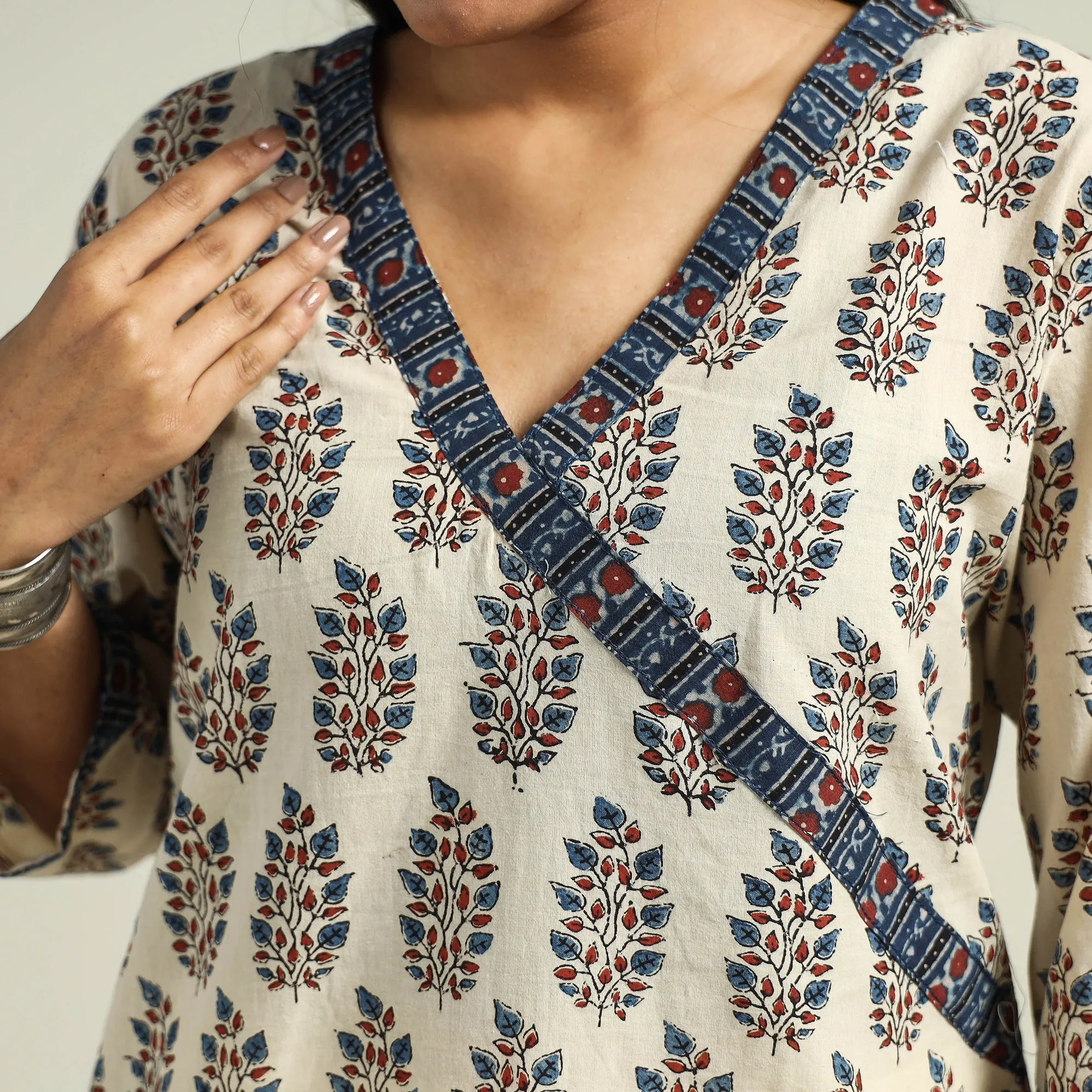 Beige - Cream with Leaves - Ajrakh Hand Block Printed Cotton Straight Kurta sold by Itokri product image thumbnail 4