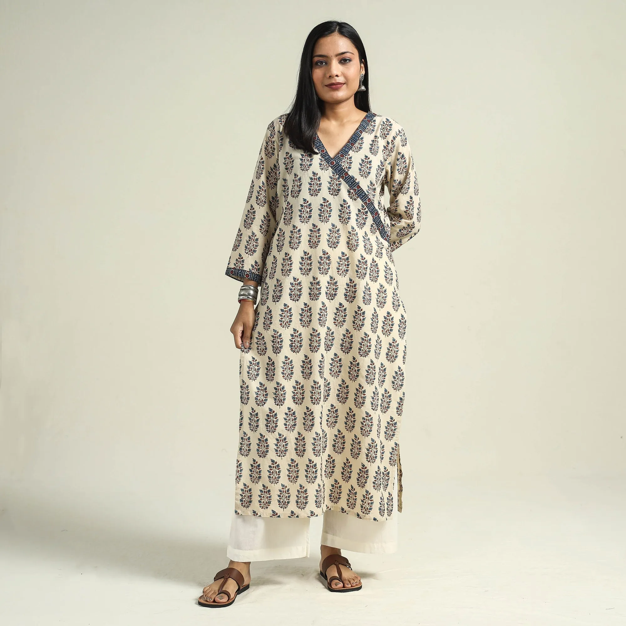 Beige - Cream with Leaves - Ajrakh Hand Block Printed Cotton Straight Kurta sold by Itokri product image thumbnail 3
