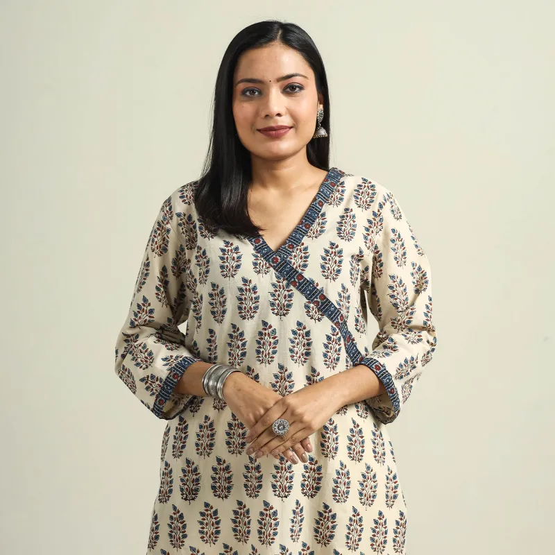 Beige - Cream with Leaves - Ajrakh Hand Block Printed Cotton Straight Kurta made by Itokri