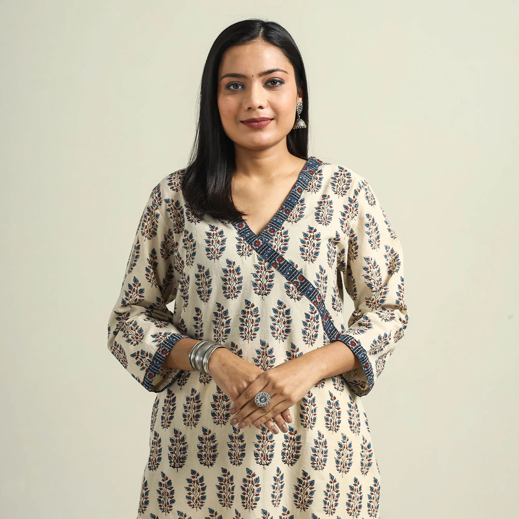 Beige - Cream with Leaves - Ajrakh Hand Block Printed Cotton Straight Kurta sold by Itokri