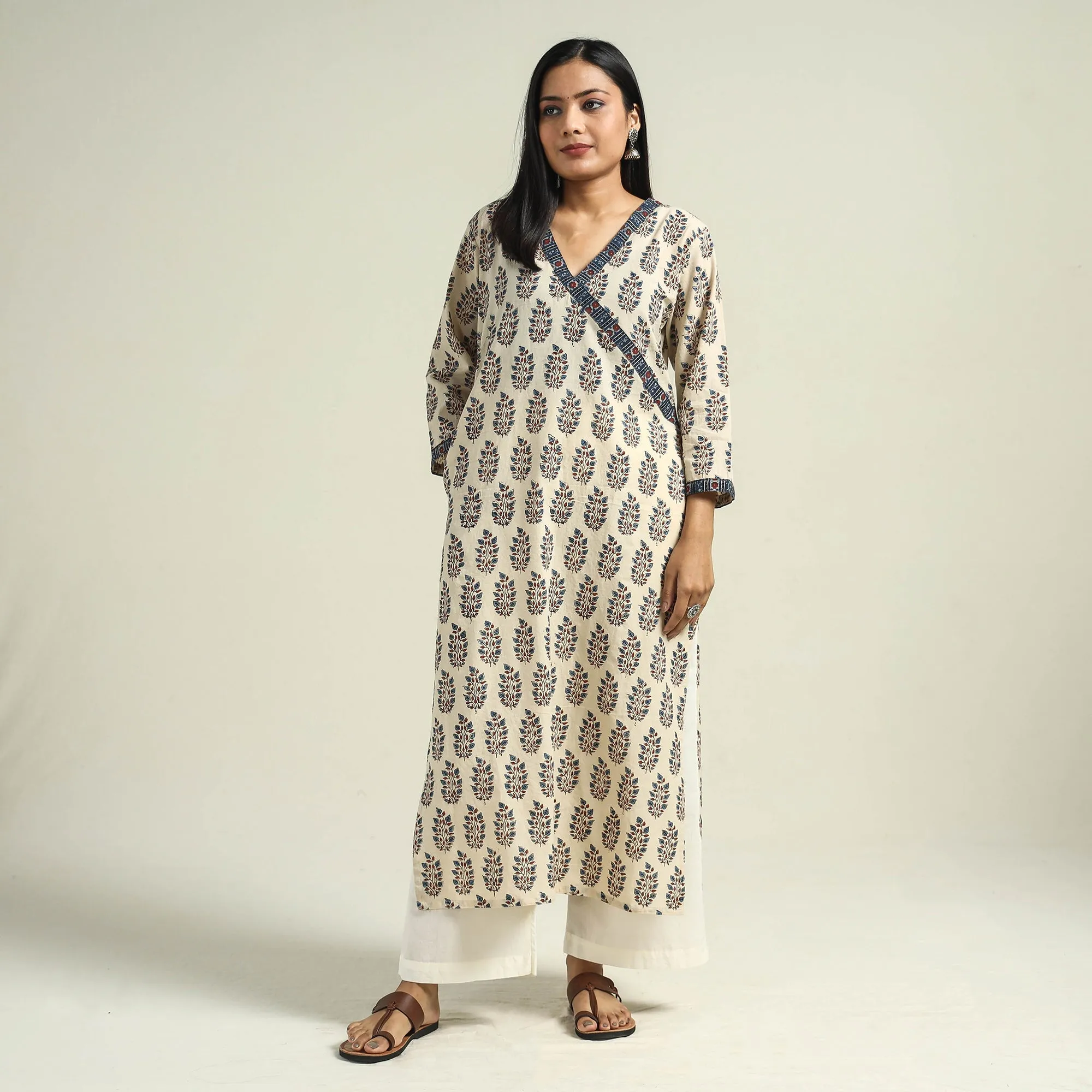 Beige - Cream with Leaves - Ajrakh Hand Block Printed Cotton Straight Kurta sold by Itokri product image thumbnail 2