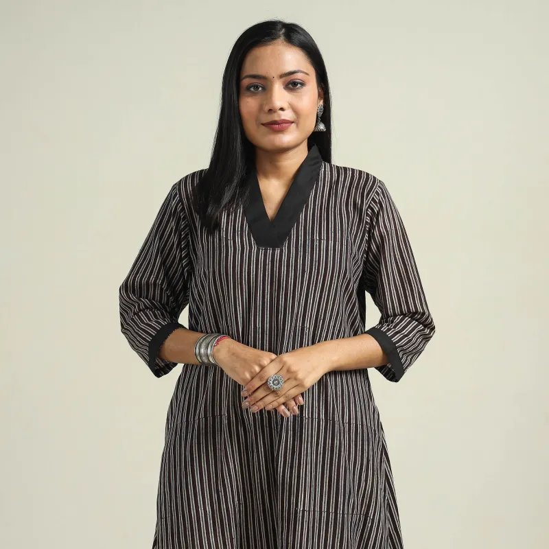 Black - with Stripes Ajrakh Hand Block Printed Cotton A-Line Kurta sold by Itokri