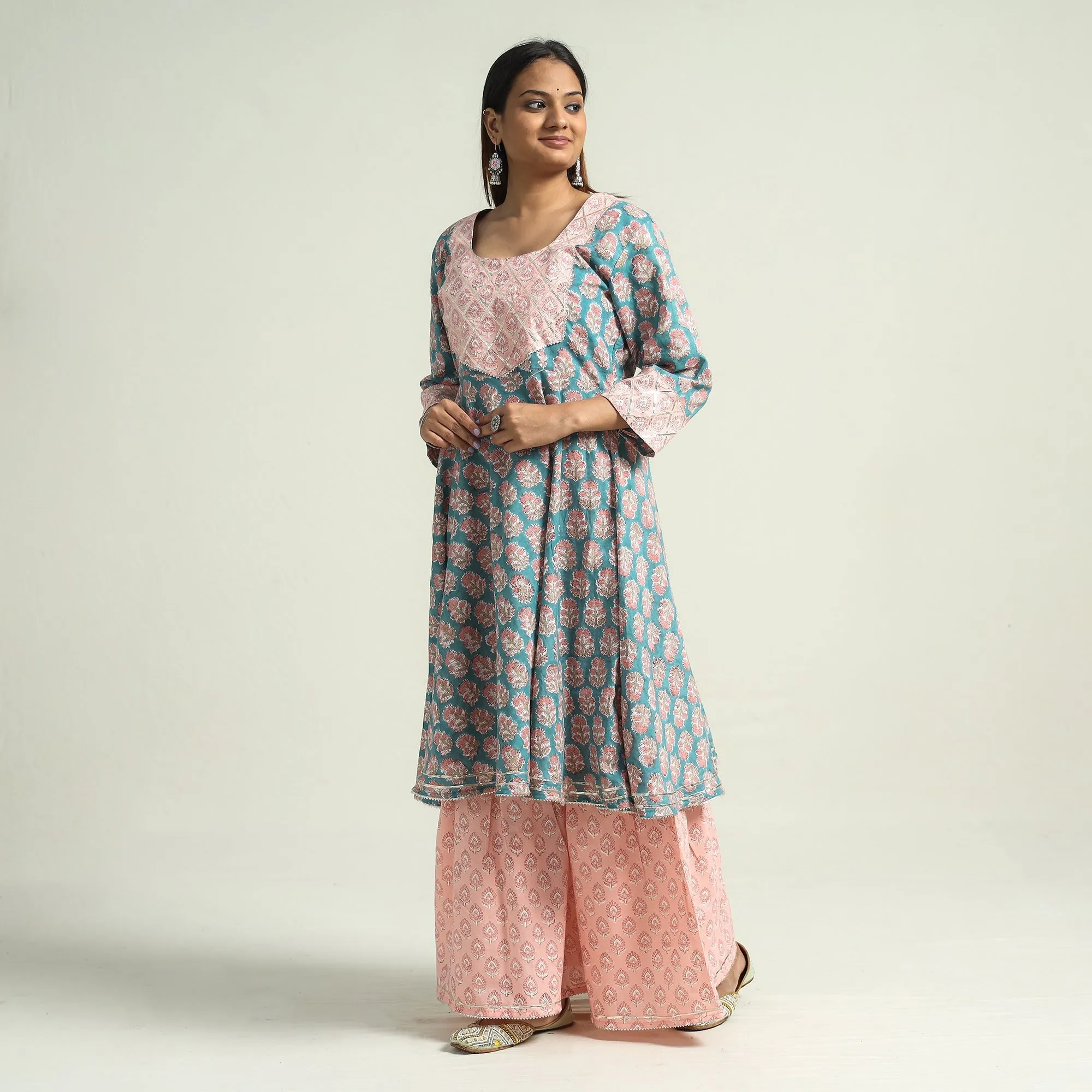 Pink - Sanganeri Block Printed Cotton Kurta with Sharara Set sold by Itokri product image thumbnail 3