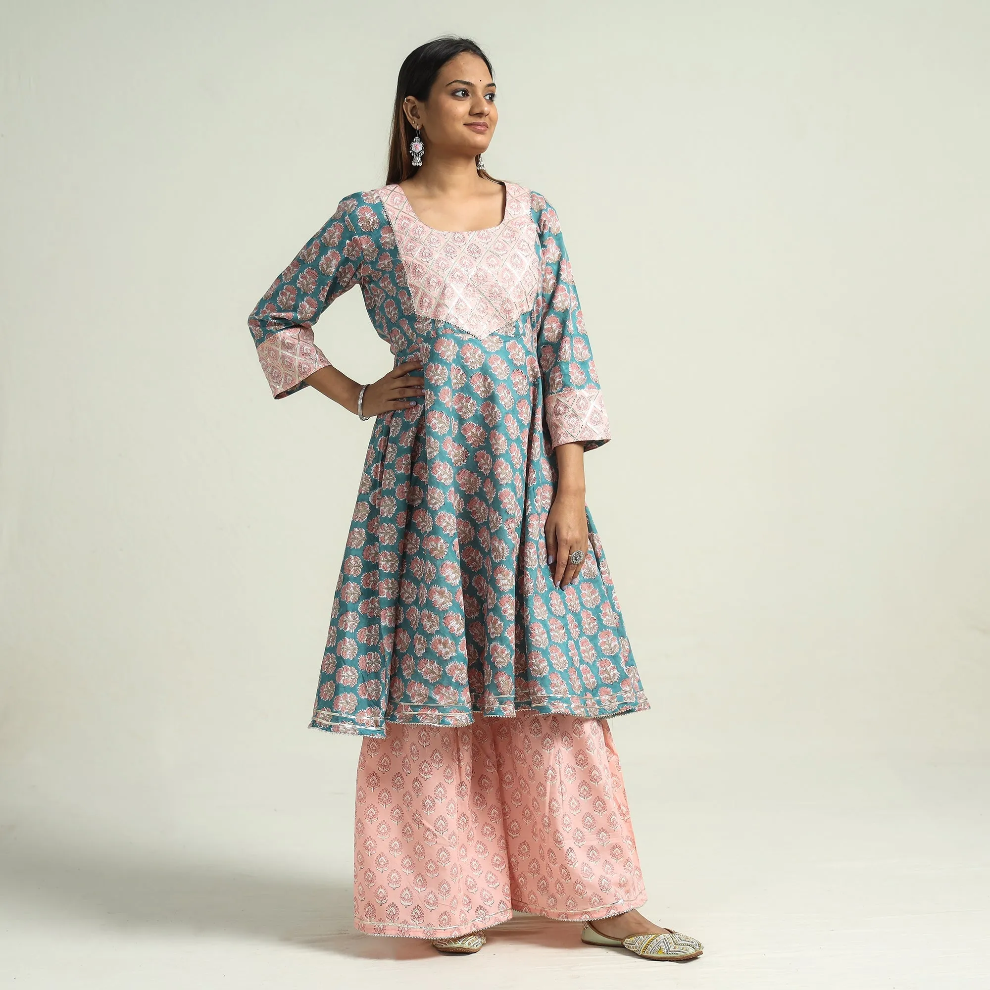 Pink - Sanganeri Block Printed Cotton Kurta with Sharara Set sold by Itokri product image thumbnail 2