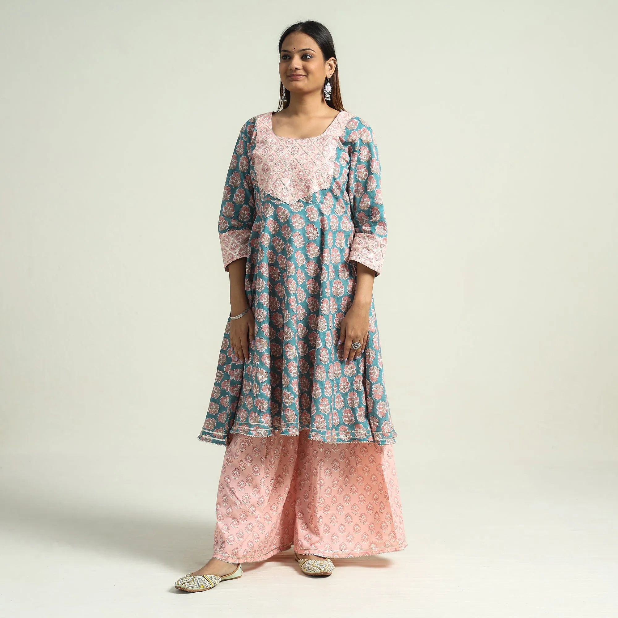 Pink - Sanganeri Block Printed Cotton Kurta with Sharara Set sold by Itokri