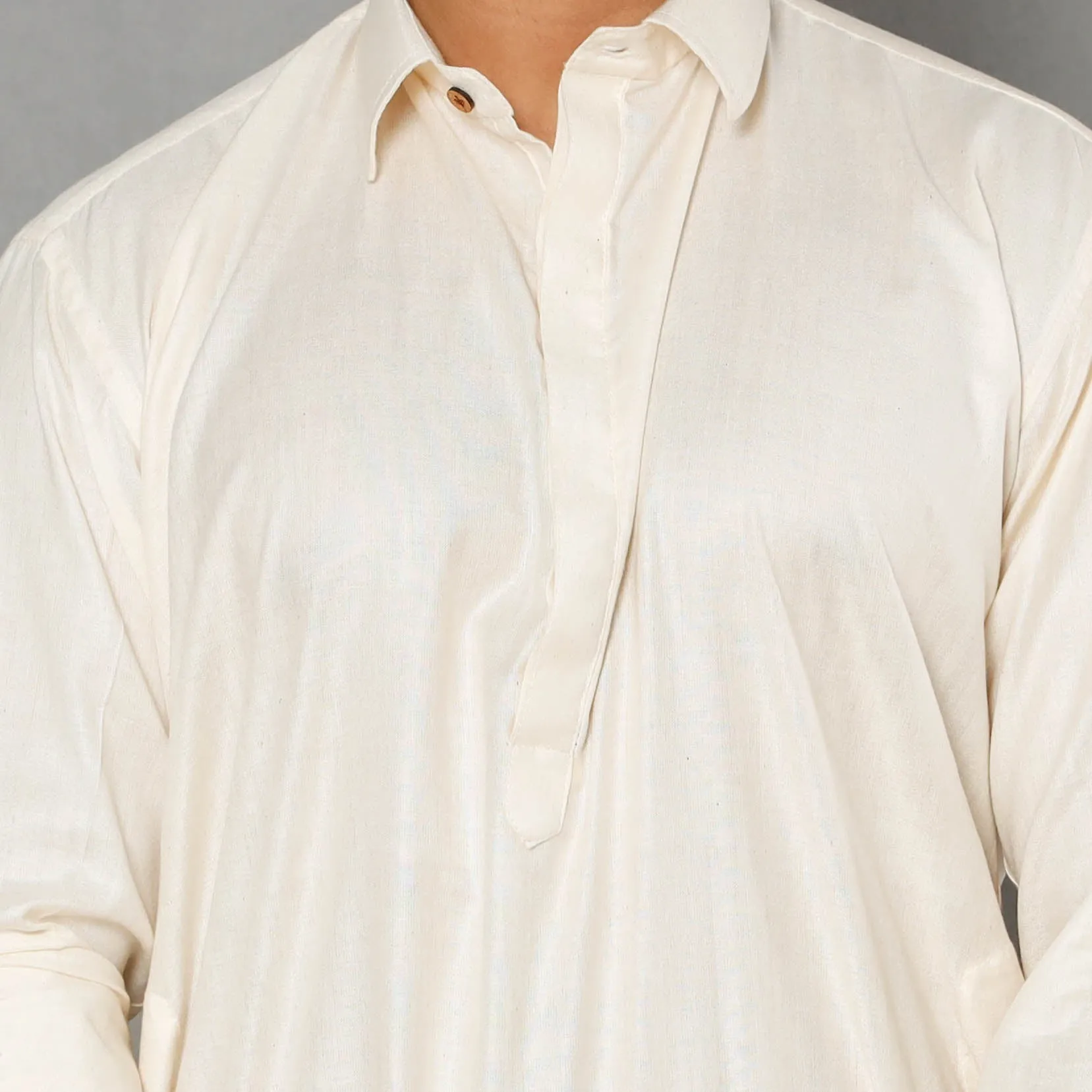 White - Cream - Linen Viscose Plain Men Long Pathani Kurta sold by Itokri product image thumbnail 5