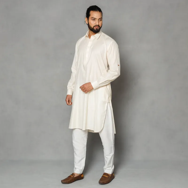 White - Cream - Linen Viscose Plain Men Long Pathani Kurta sold by Itokri