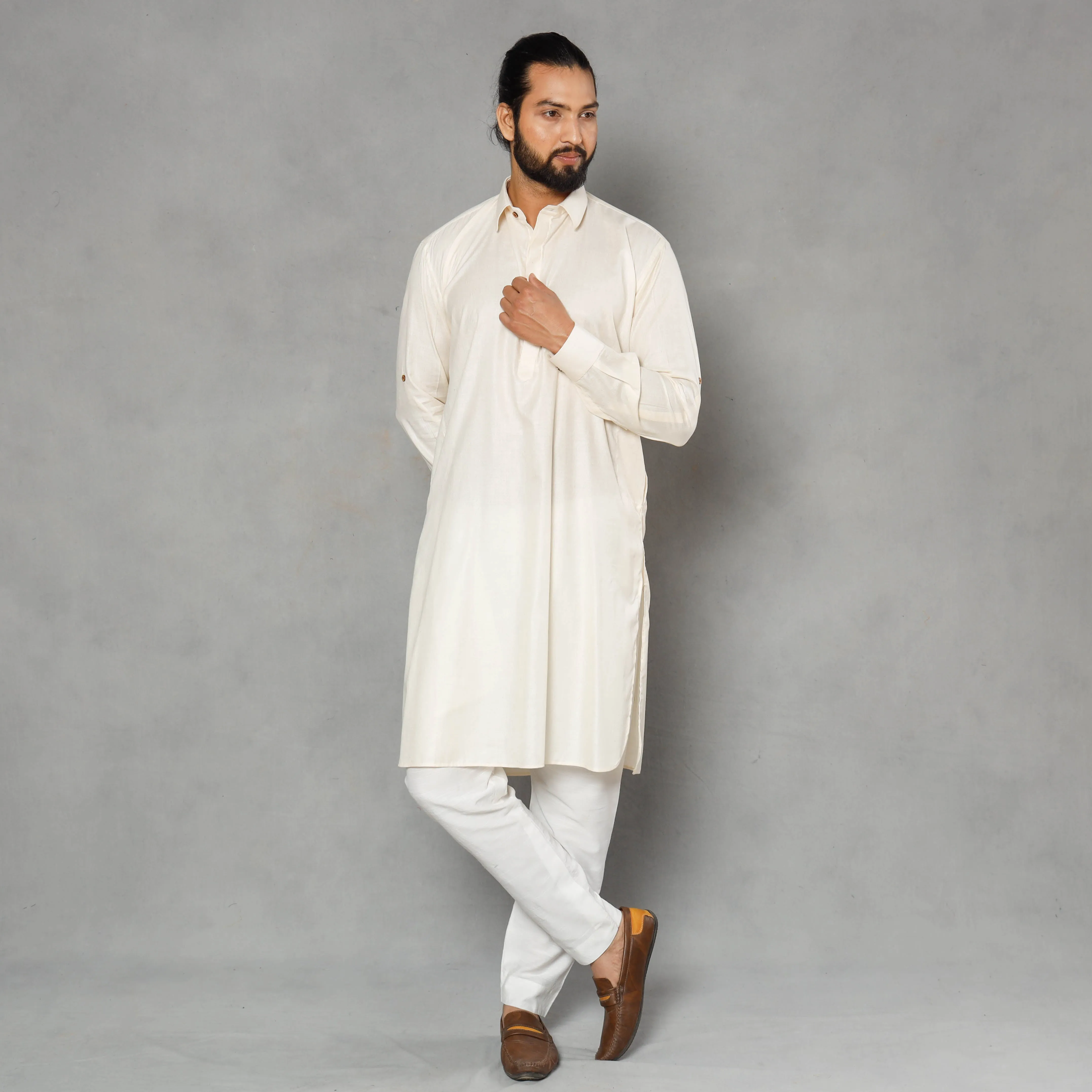 White - Cream - Linen Viscose Plain Men Long Pathani Kurta sold by Itokri product image thumbnail 3