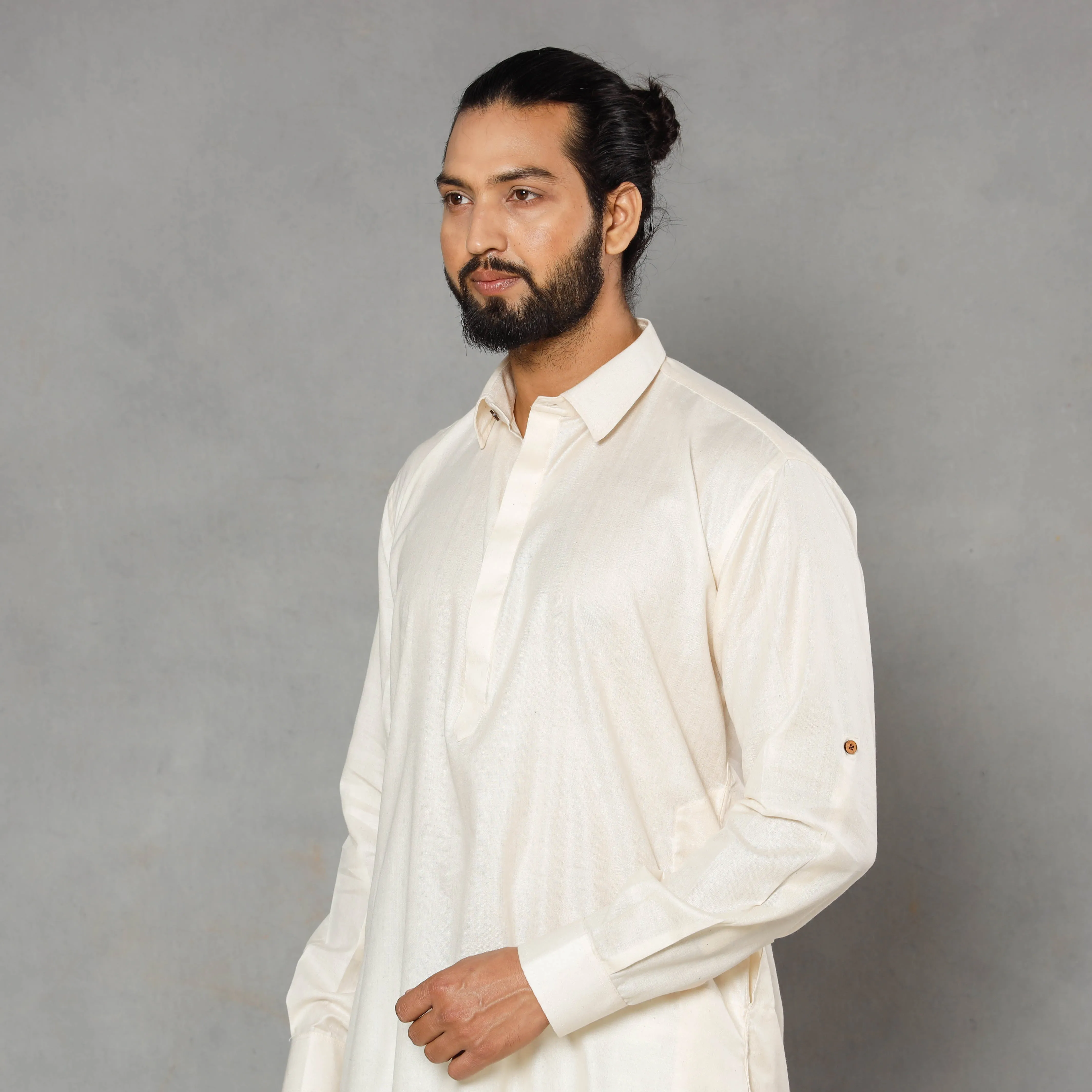 White - Cream - Linen Viscose Plain Men Long Pathani Kurta sold by Itokri product image thumbnail 4