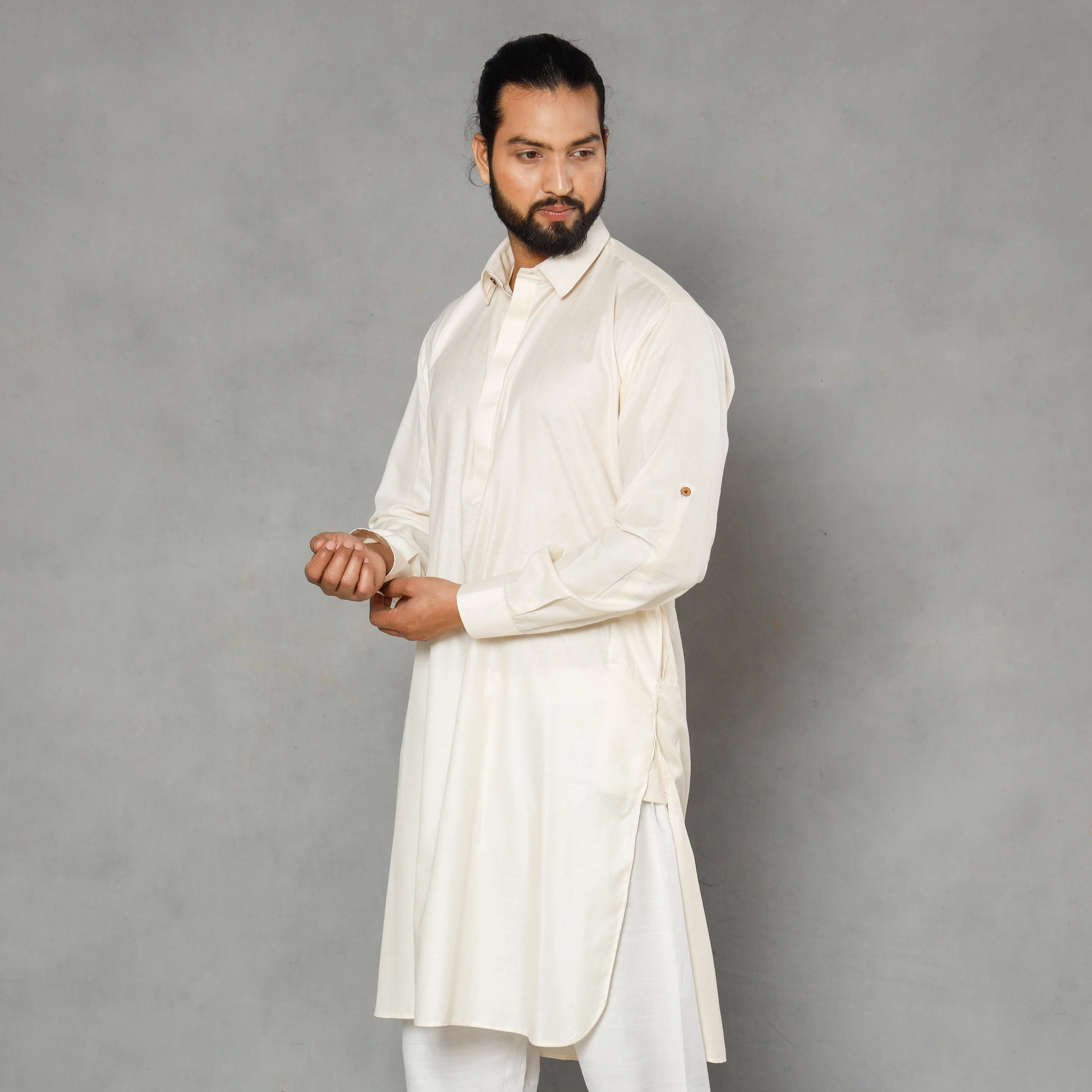 White - Cream - Linen Viscose Plain Men Long Pathani Kurta sold by Itokri product image thumbnail 2
