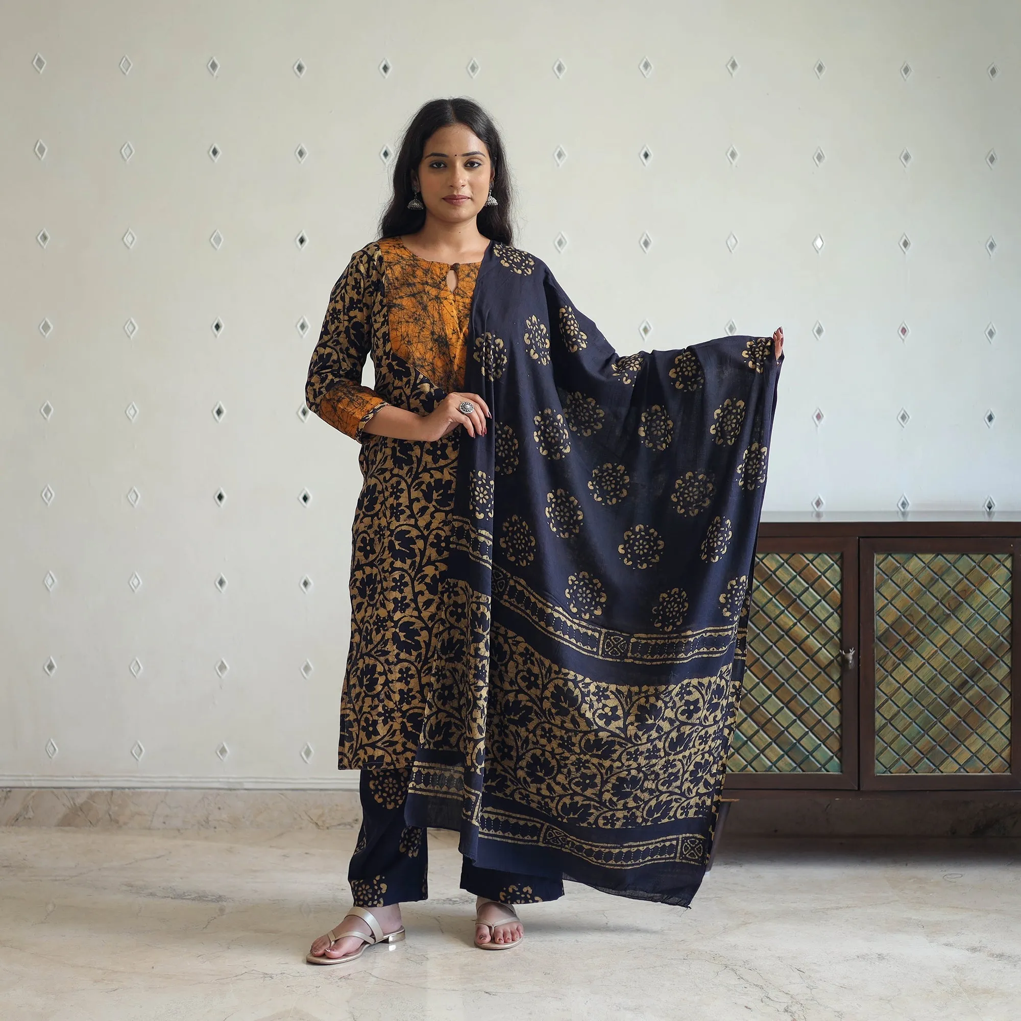 Blue - Batik Print Cotton Kurta with Palazzo & Dupatta Suit Set 07 sold by Itokri product image thumbnail 3