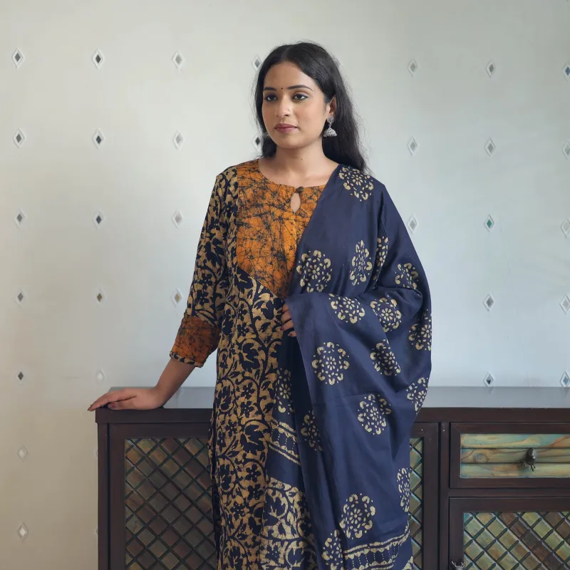 Blue - Batik Print Cotton Kurta with Palazzo & Dupatta Suit Set 07 made by Itokri