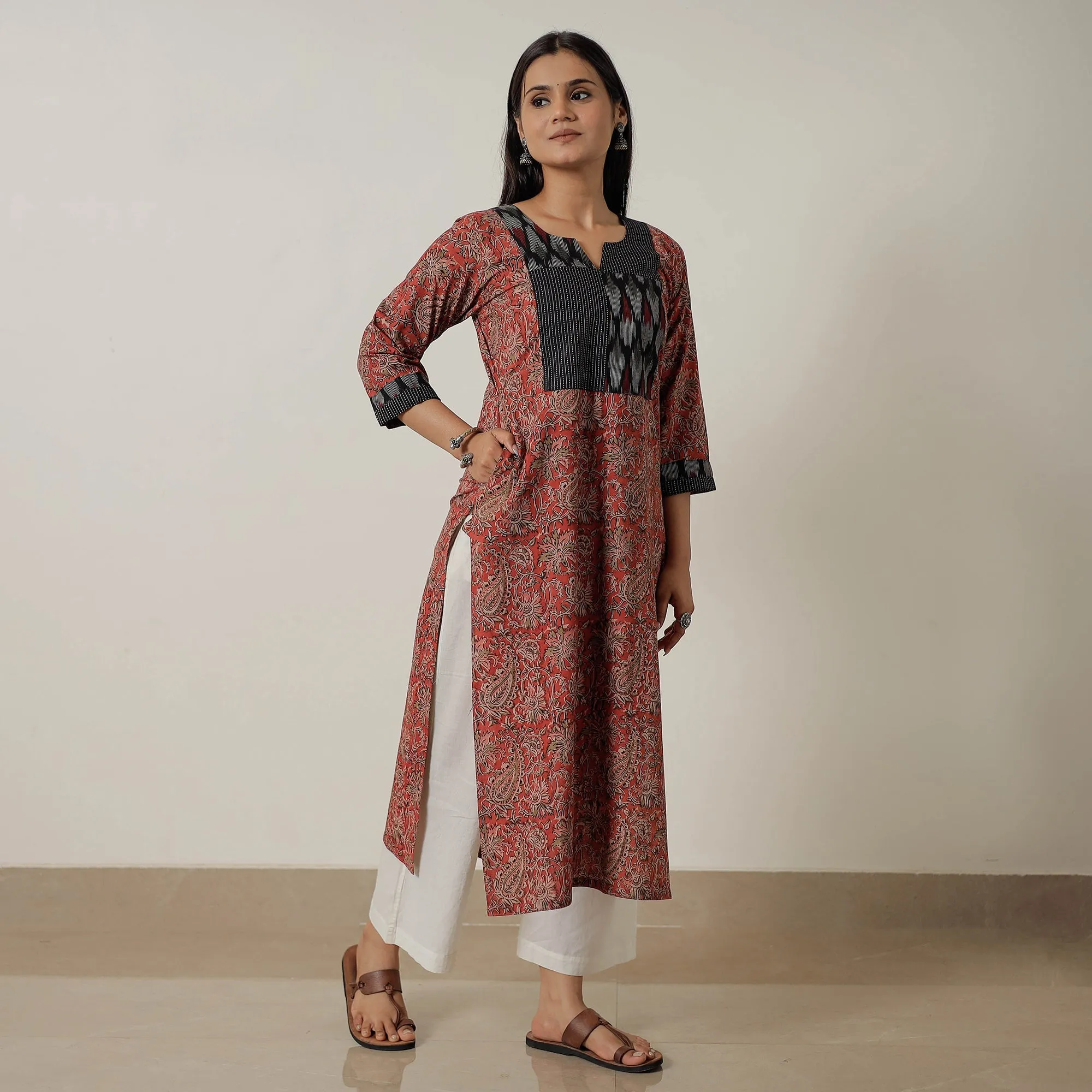 Red - Pedana Kalamkari Block Printed Cotton Straight Kurta with Patchwork 02 sold by Itokri product image thumbnail 2