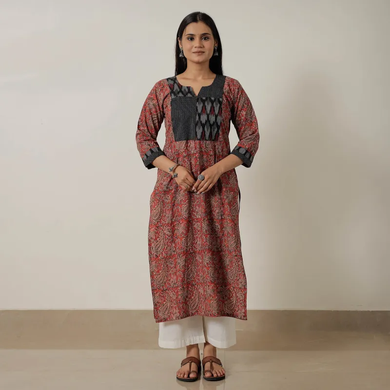 Red - Pedana Kalamkari Block Printed Cotton Straight Kurta with Patchwork 02 sold by Itokri