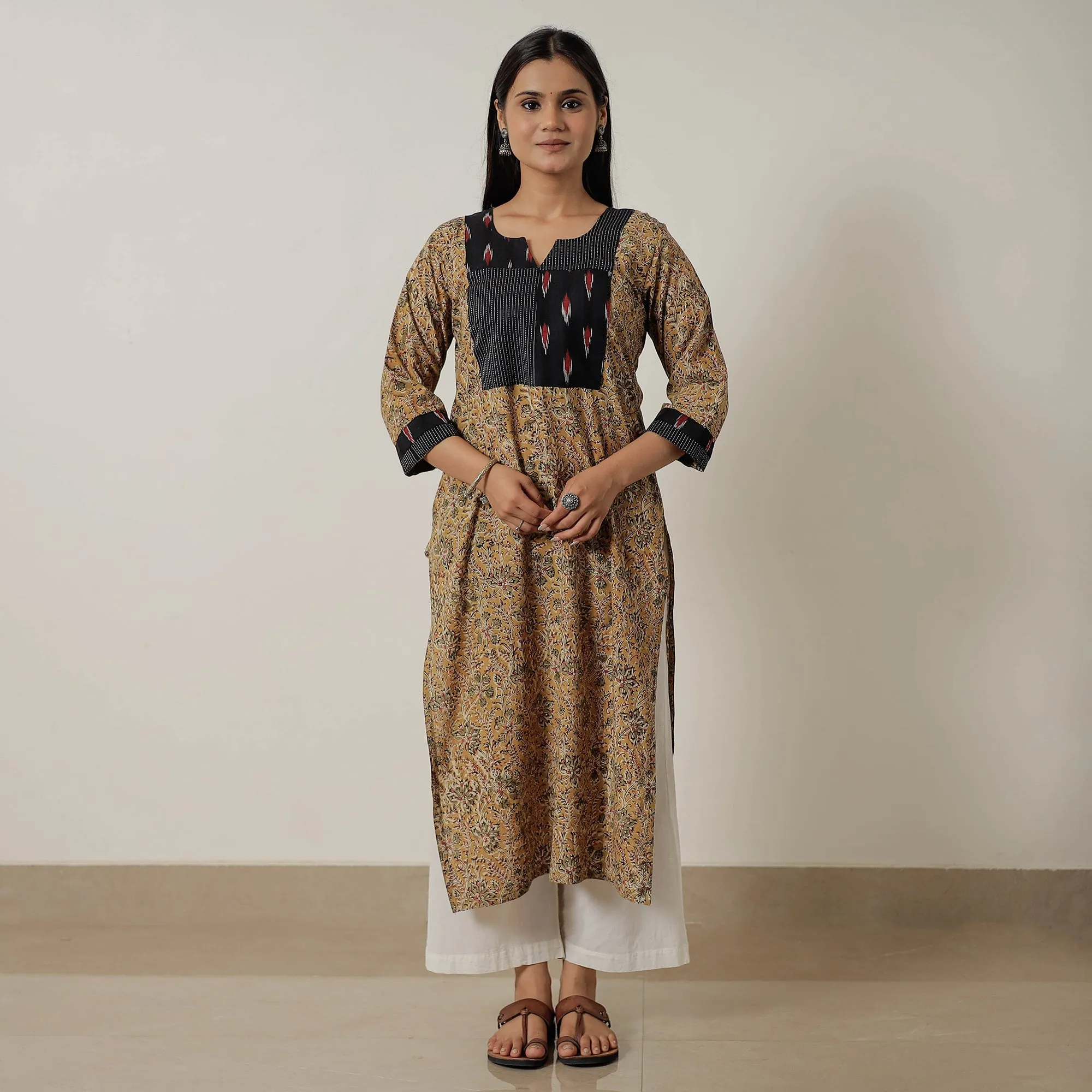 Yellow - Pedana Kalamkari Block Printed Cotton Straight Kurta 04 sold by Itokri