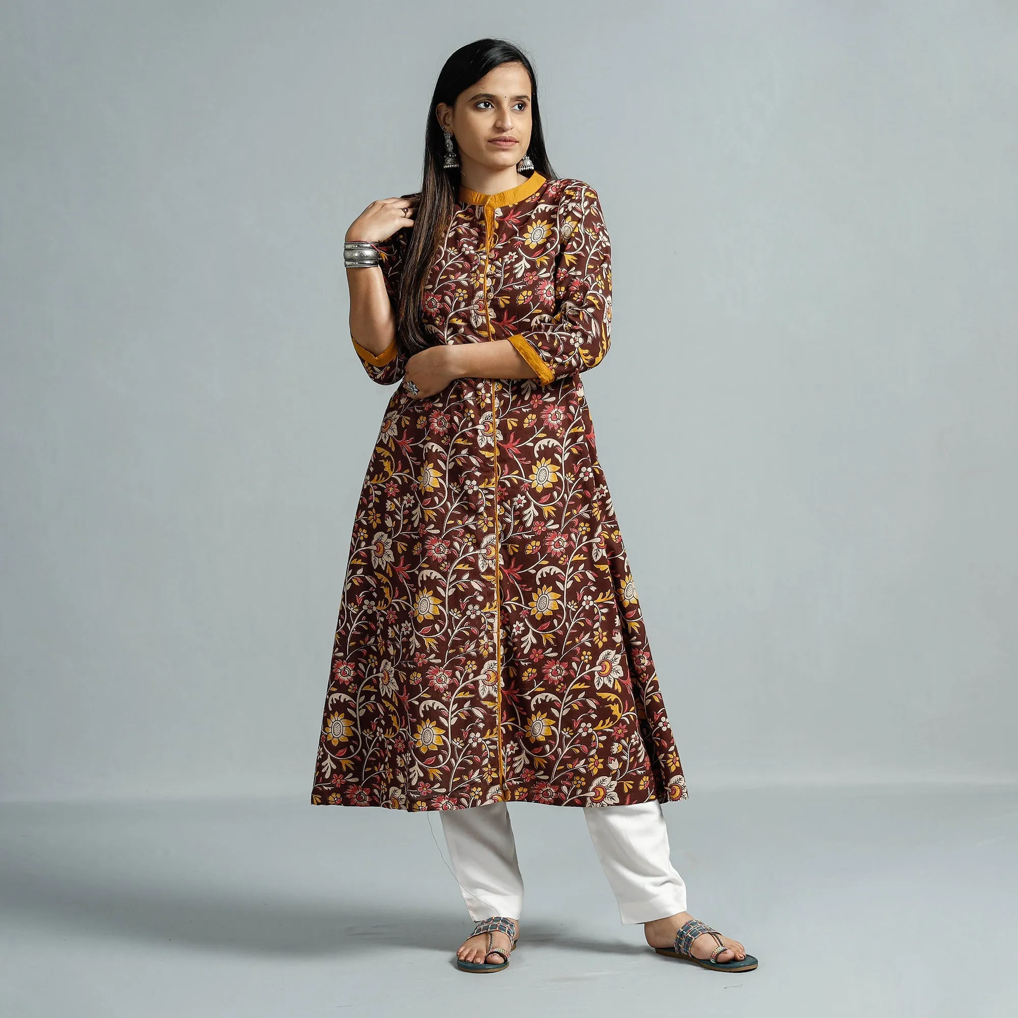Brown - Kalamkari Printed Cotton Flared Kurta sold by Itokri product image thumbnail 3