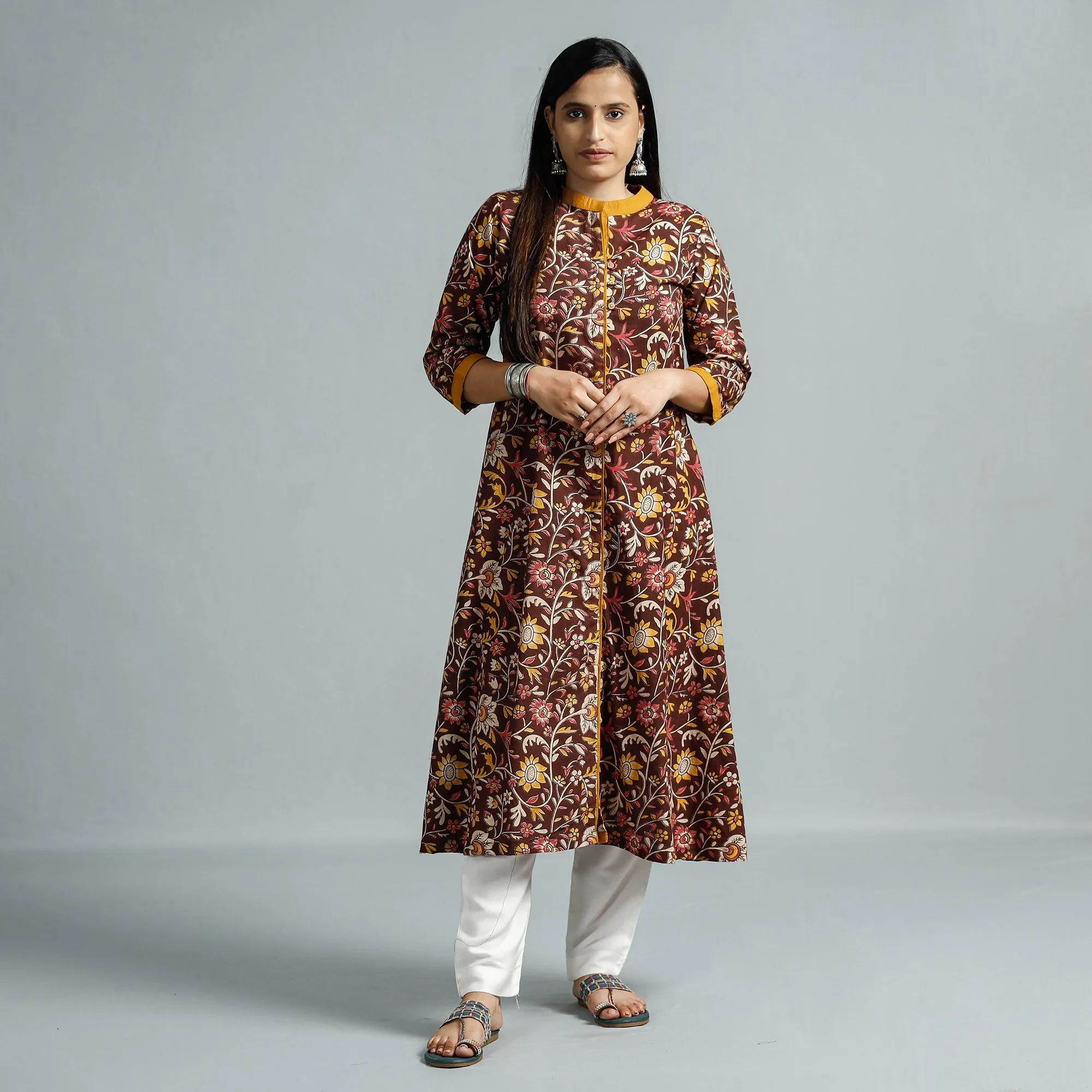 Brown - Kalamkari Printed Cotton Flared Kurta sold by Itokri product image thumbnail 2
