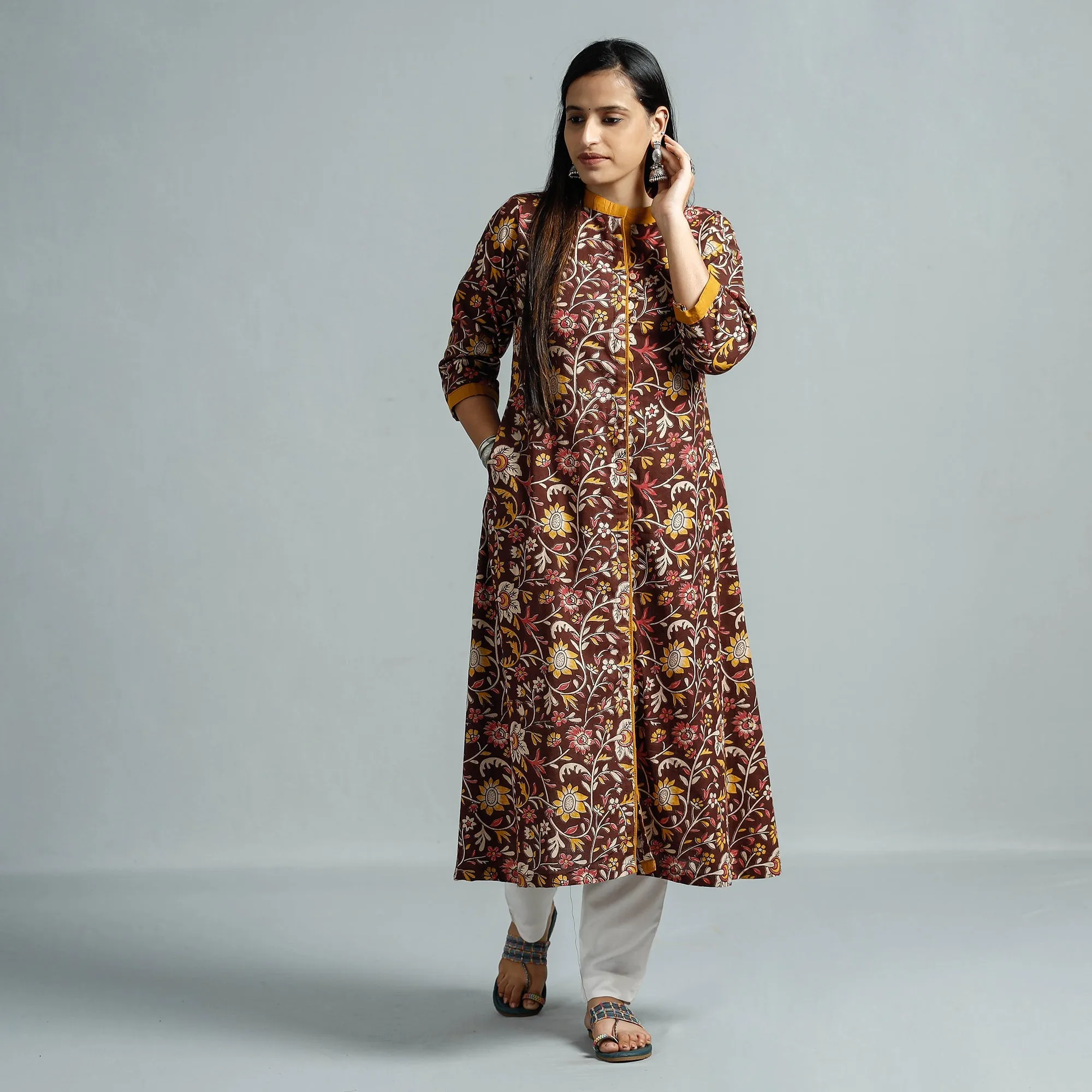 Brown - Kalamkari Printed Cotton Flared Kurta sold by Itokri product image thumbnail 4
