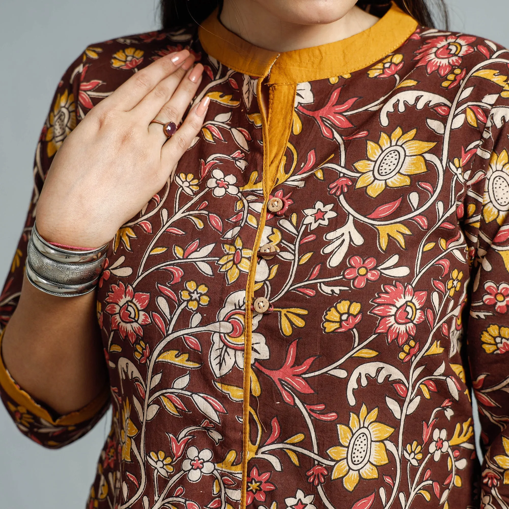 Brown - Kalamkari Printed Cotton Flared Kurta sold by Itokri product image thumbnail 5