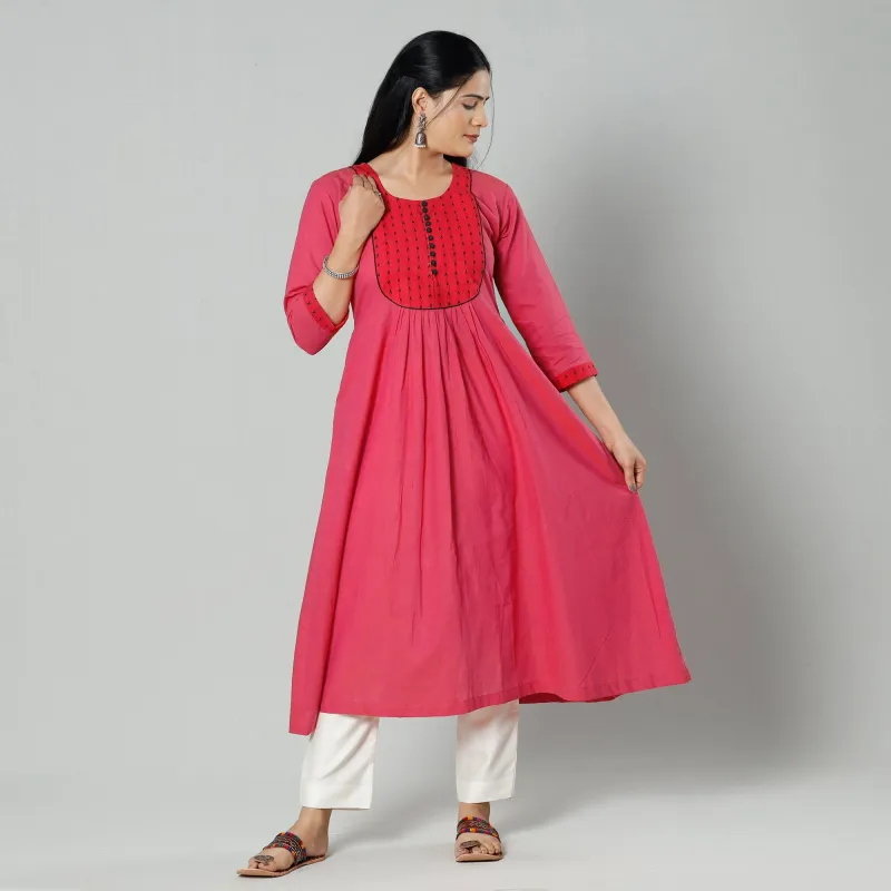 Pink - Plain Cotton Long Kurta made by Itokri