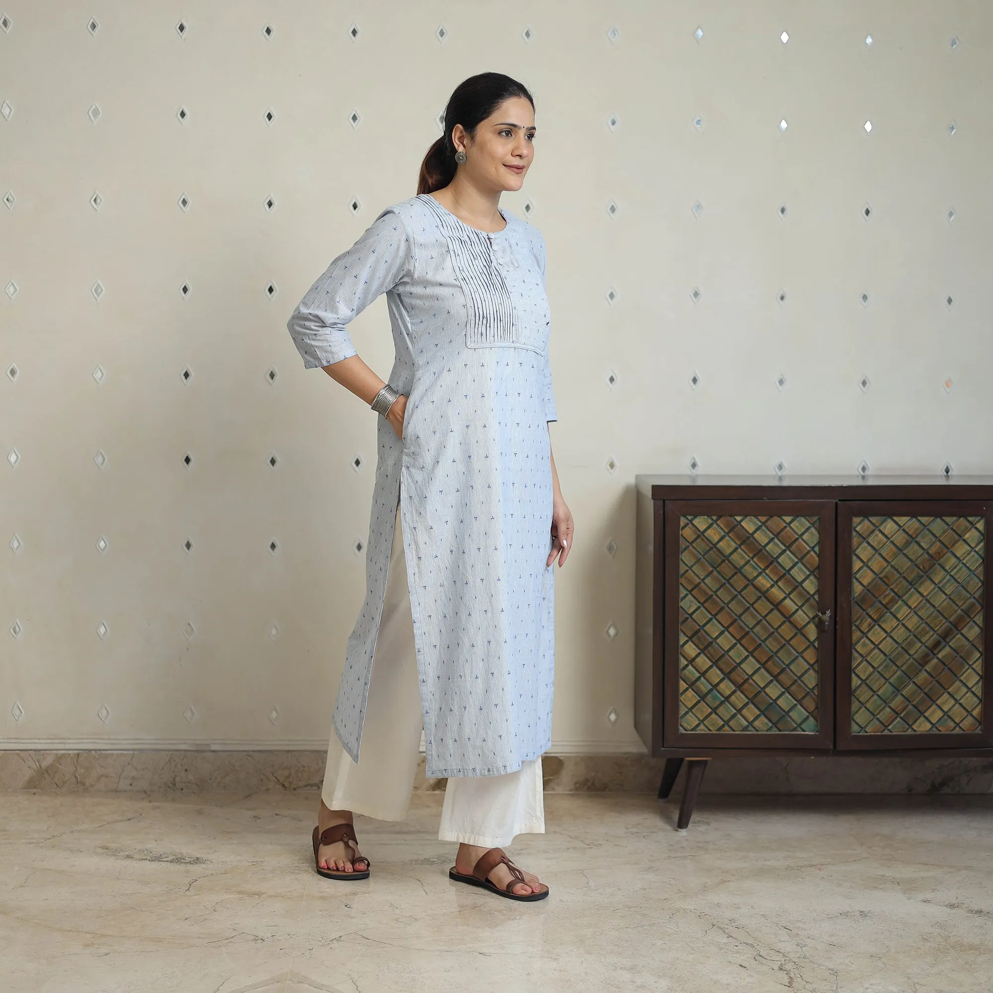 Blue - Jacquard Cotton Pintuck Straight Kurta 25 sold by Itokri product image thumbnail 3