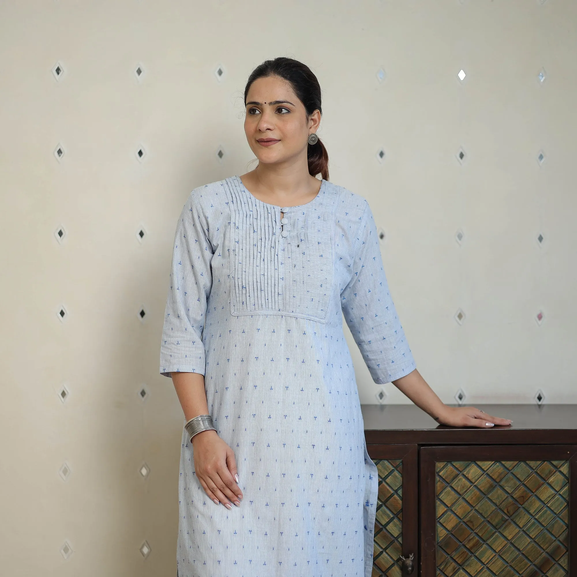 Blue - Jacquard Cotton Pintuck Straight Kurta 25 sold by Itokri