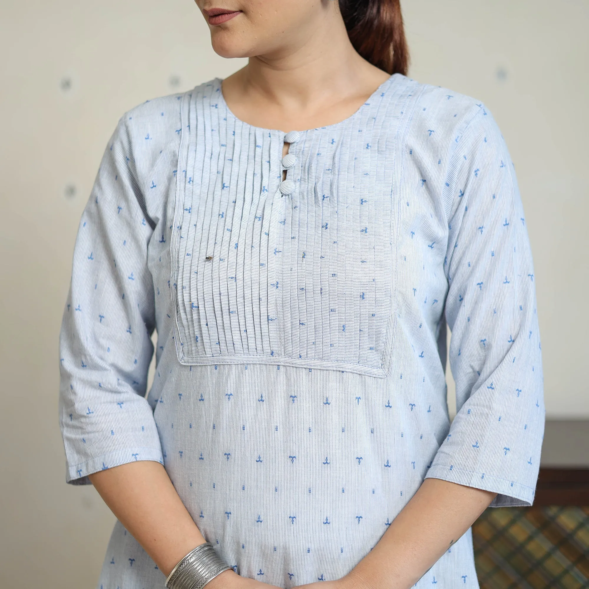 Blue - Jacquard Cotton Pintuck Straight Kurta 25 sold by Itokri product image thumbnail 5