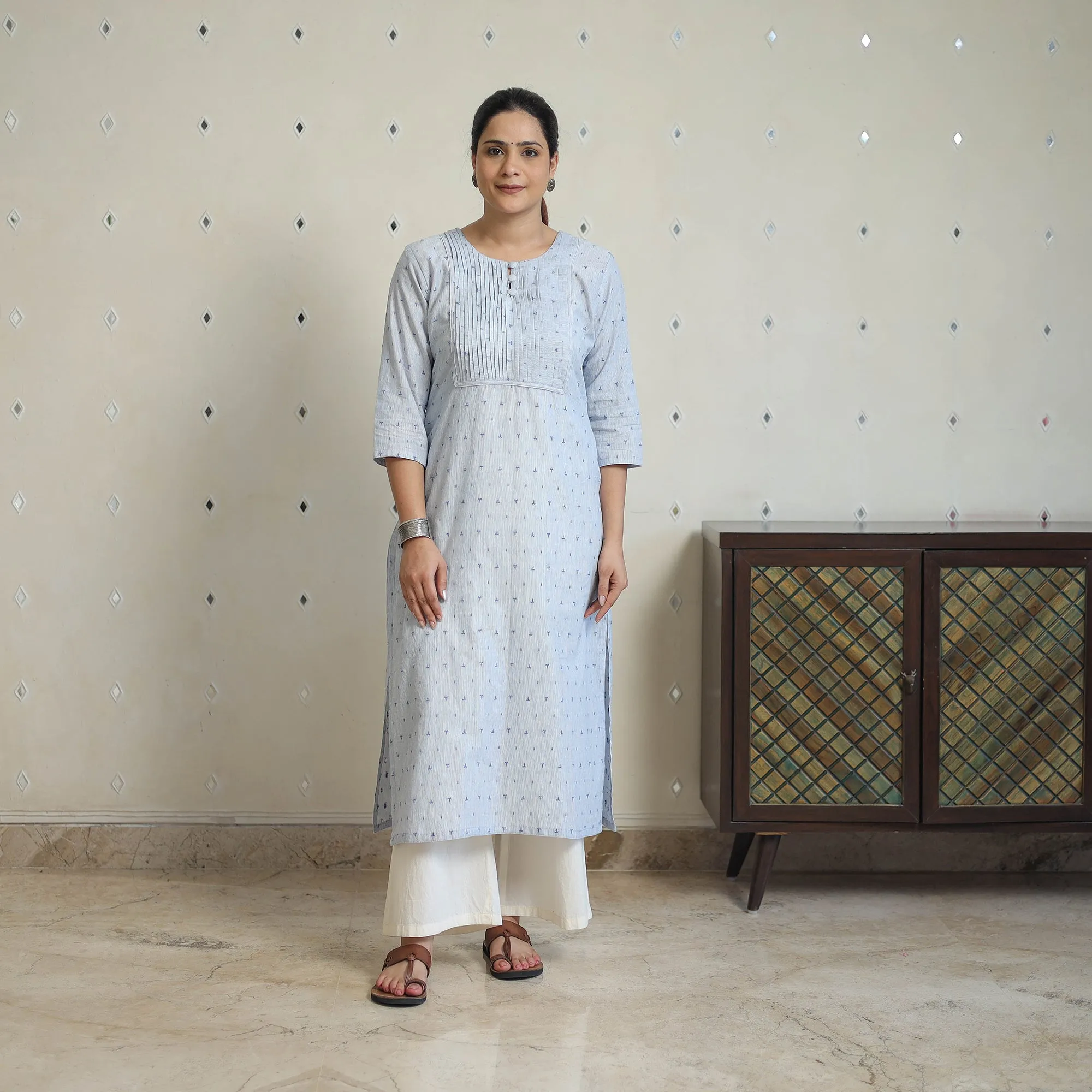 Blue - Jacquard Cotton Pintuck Straight Kurta 25 sold by Itokri product image thumbnail 2