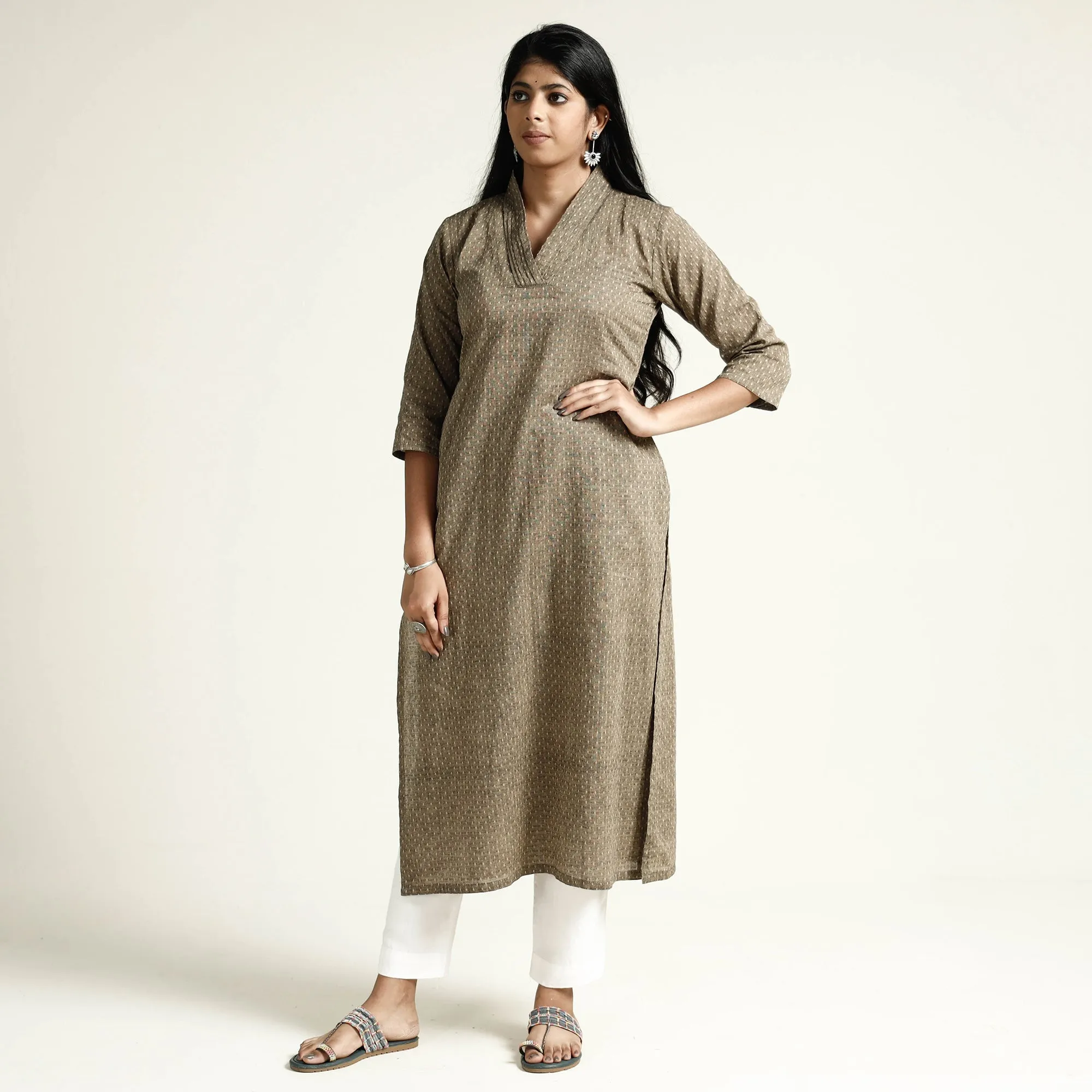 Brown - Jacquard Cotton Long Straight Kurta sold by Itokri product image thumbnail 3