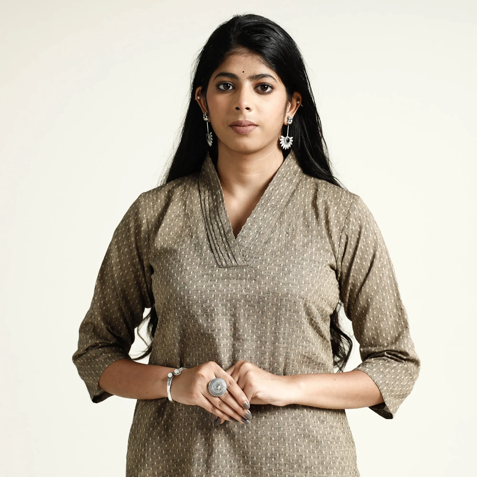 Brown - Jacquard Cotton Long Straight Kurta sold by Itokri