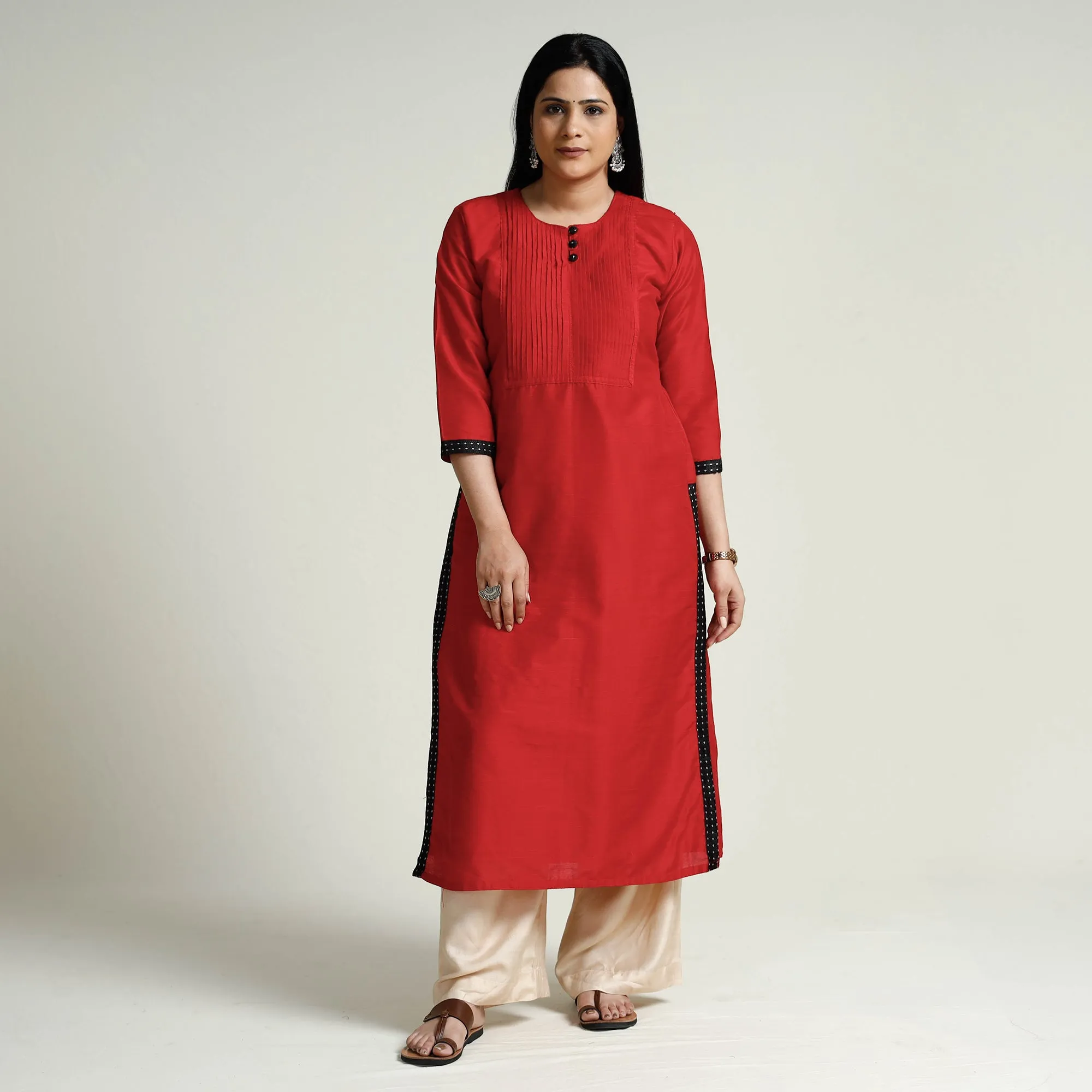 Red - Plain Silk Pintuck Long Straight Kurta sold by Itokri product image thumbnail 2