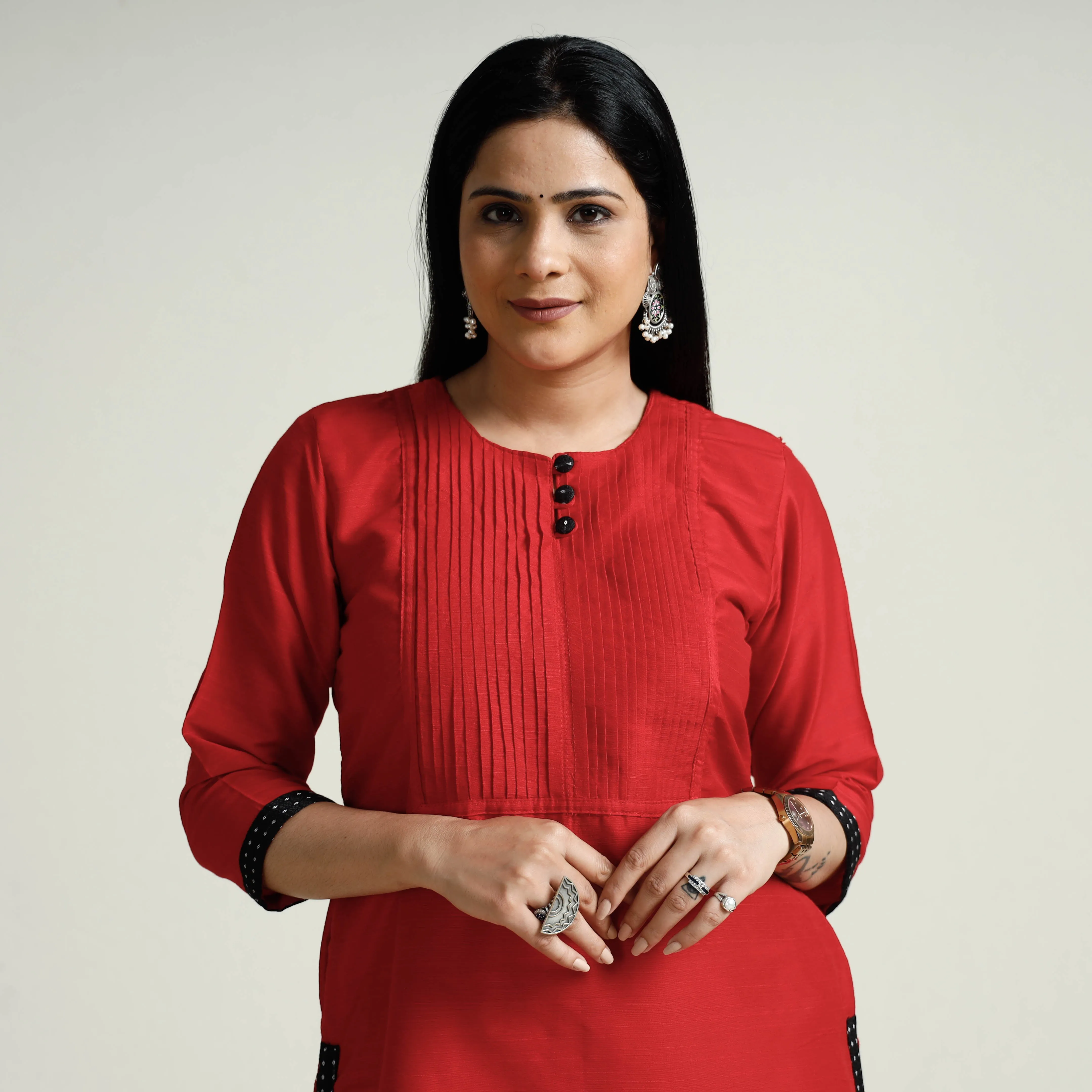 Red - Plain Silk Pintuck Long Straight Kurta sold by Itokri