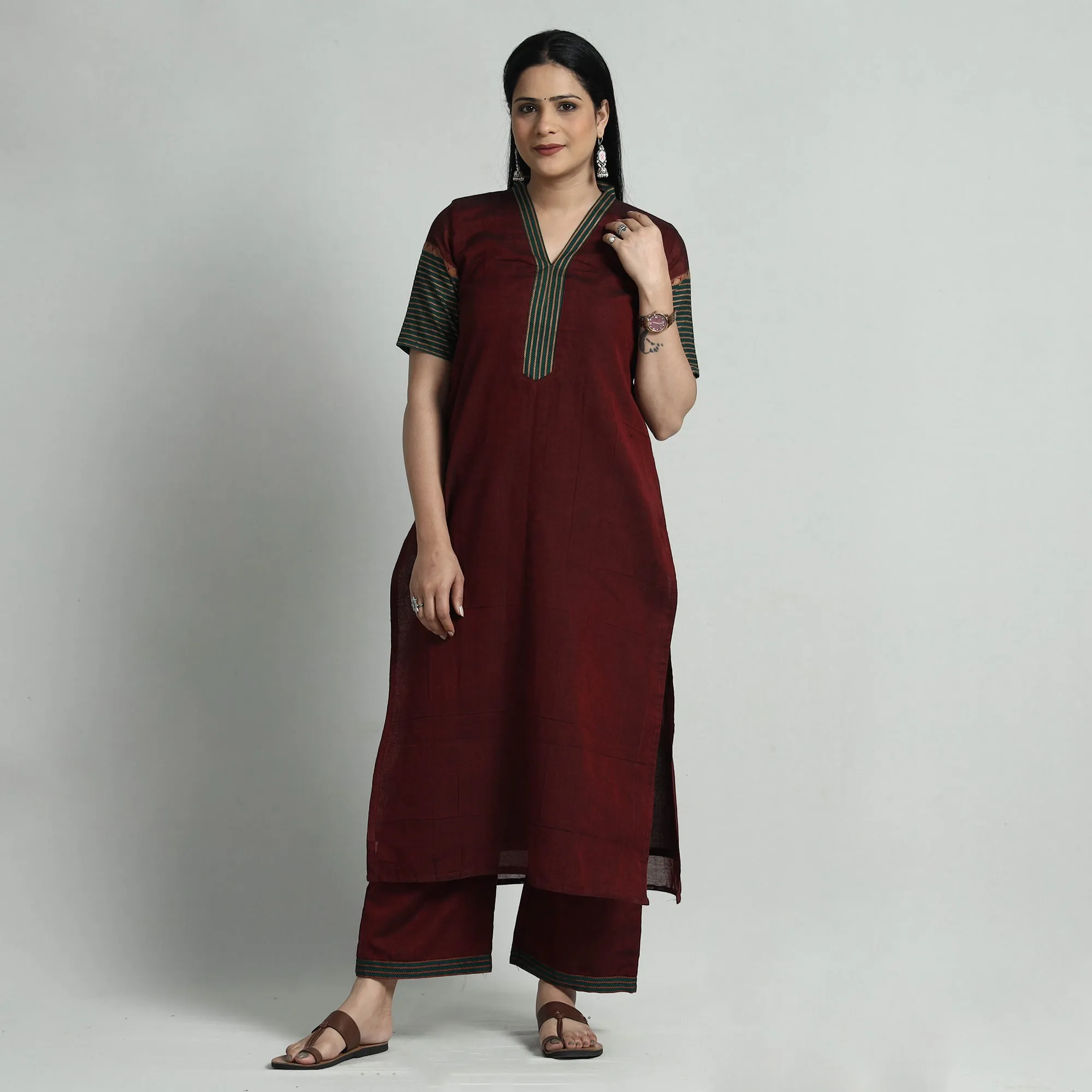 Dark Red - Dharwad Cotton Kurta with Palazzo & Dupatta Set sold by Itokri product image thumbnail 3