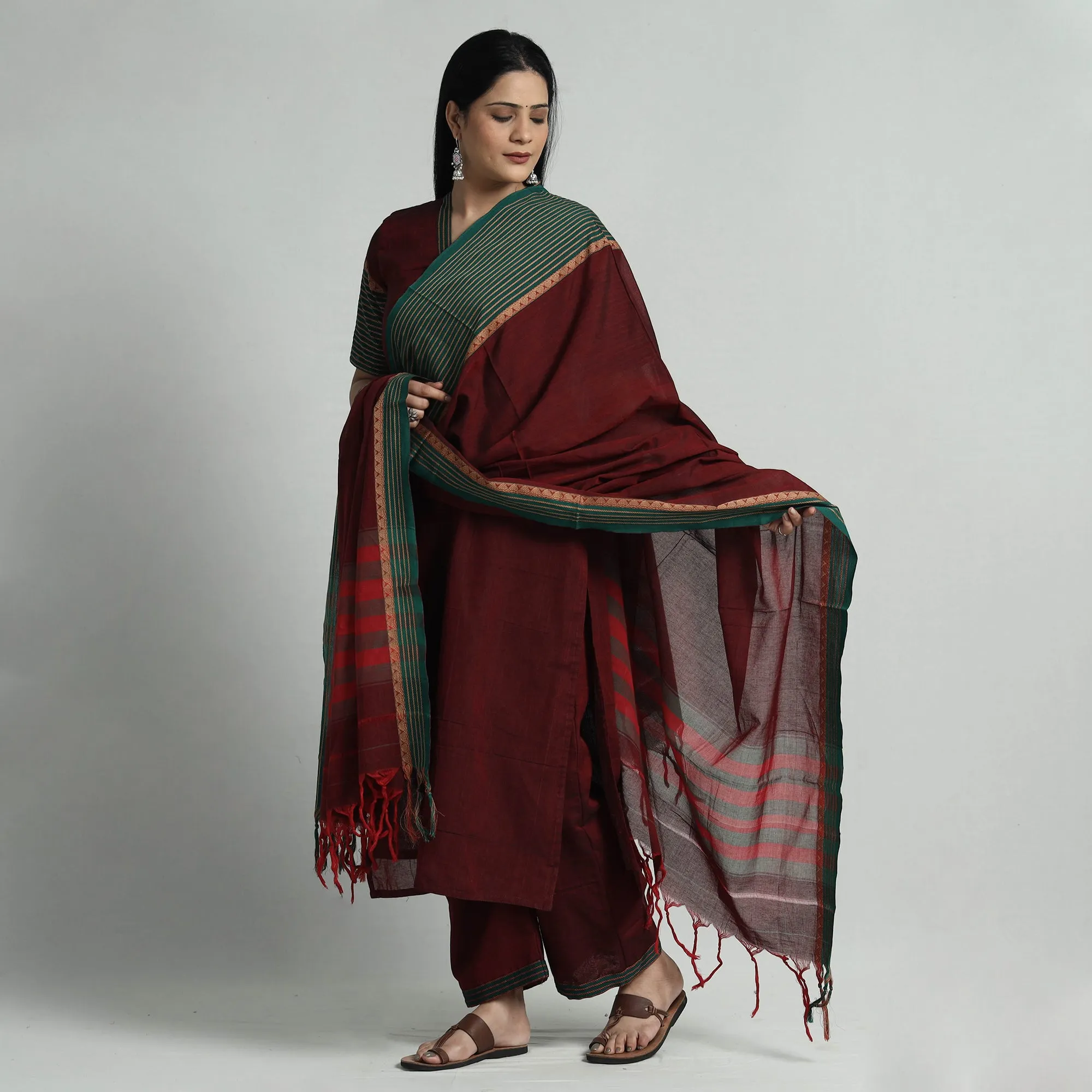 Dark Red - Dharwad Cotton Kurta with Palazzo & Dupatta Set sold by Itokri product image thumbnail 2