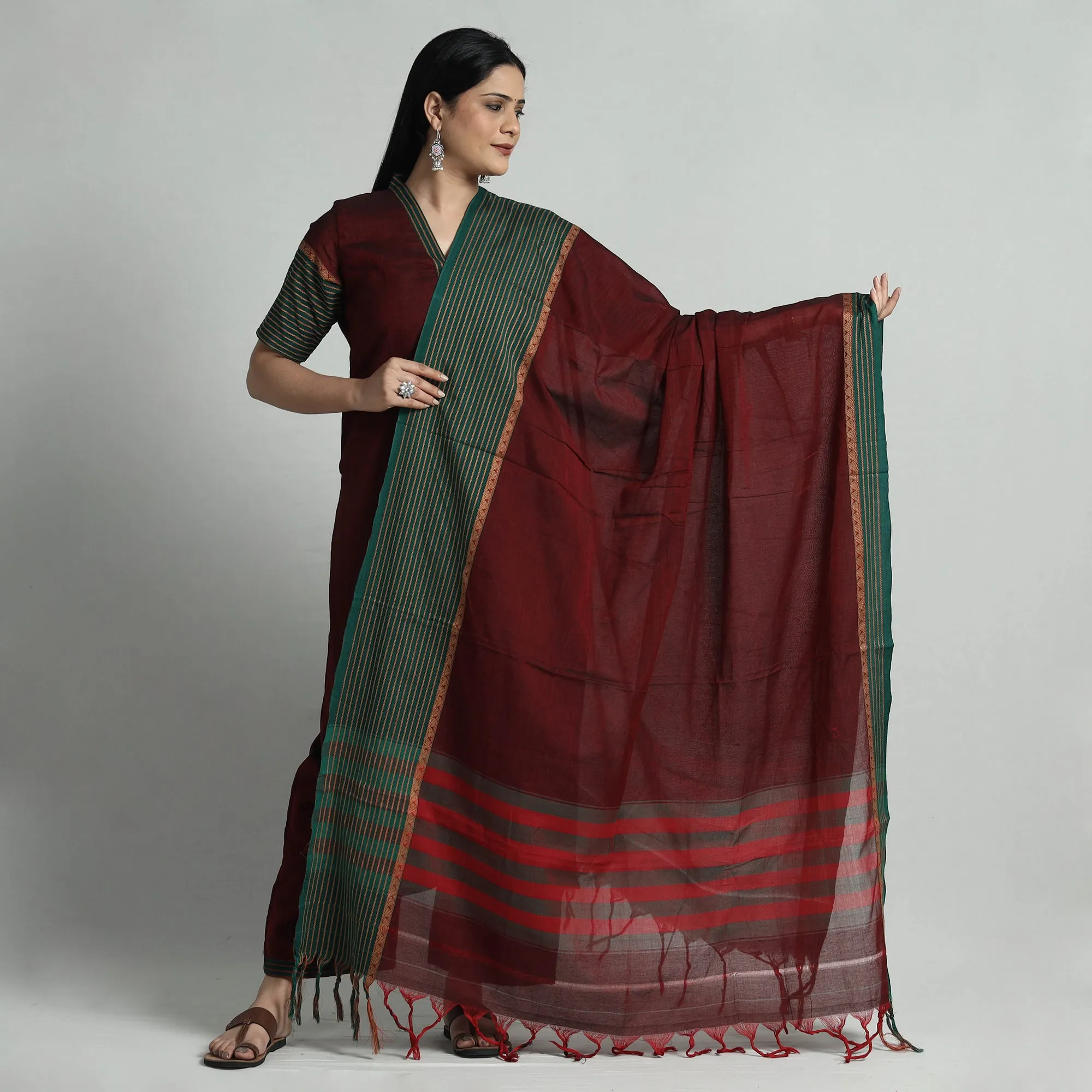 Dark Red - Dharwad Cotton Kurta with Palazzo & Dupatta Set sold by Itokri