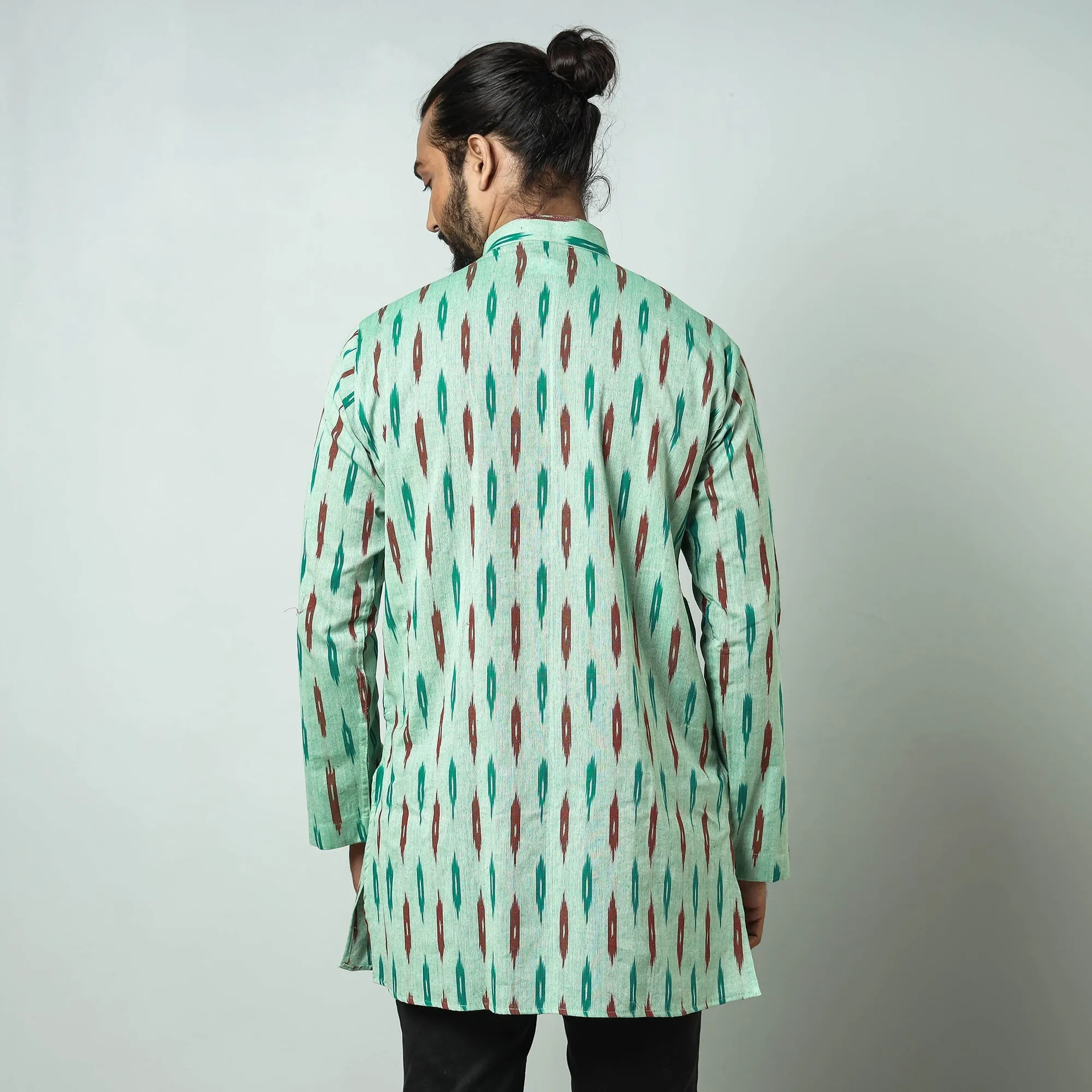 Light green - Pochampally Ikat weave Cotton Men's Short Kurta sold by Itokri product image thumbnail 5