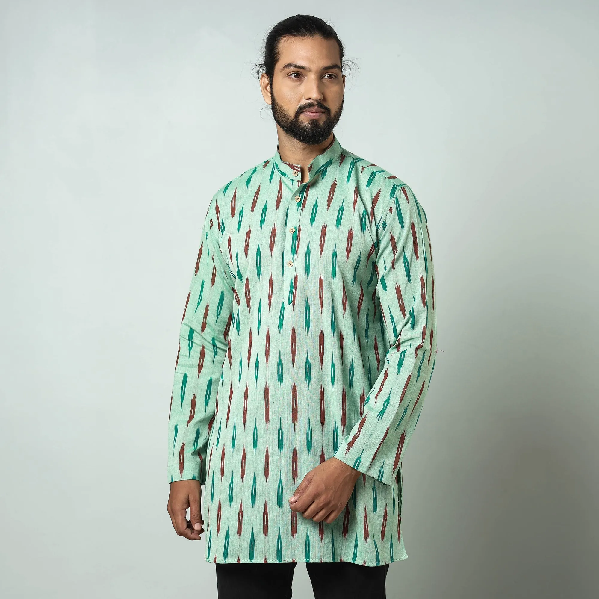 Light green - Pochampally Ikat weave Cotton Men's Short Kurta sold by Itokri