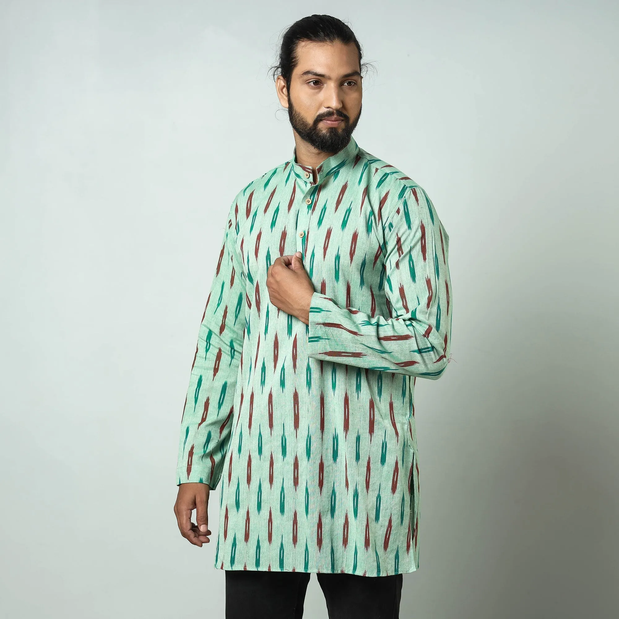Light green - Pochampally Ikat weave Cotton Men's Short Kurta sold by Itokri product image thumbnail 2