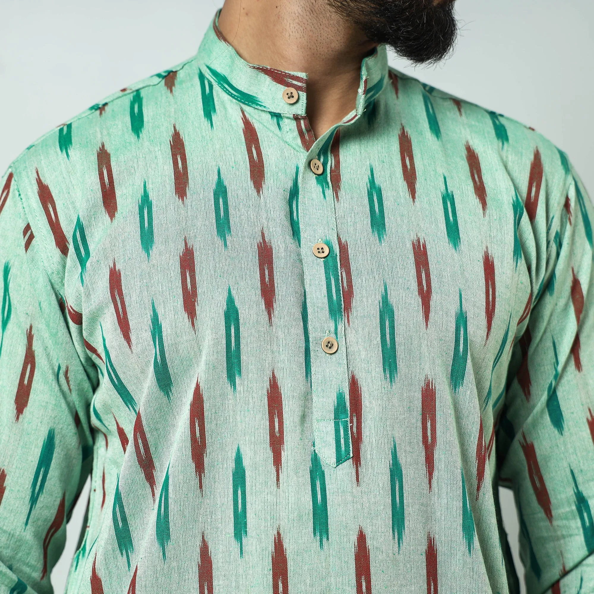 Light green - Pochampally Ikat weave Cotton Men's Short Kurta sold by Itokri product image thumbnail 3