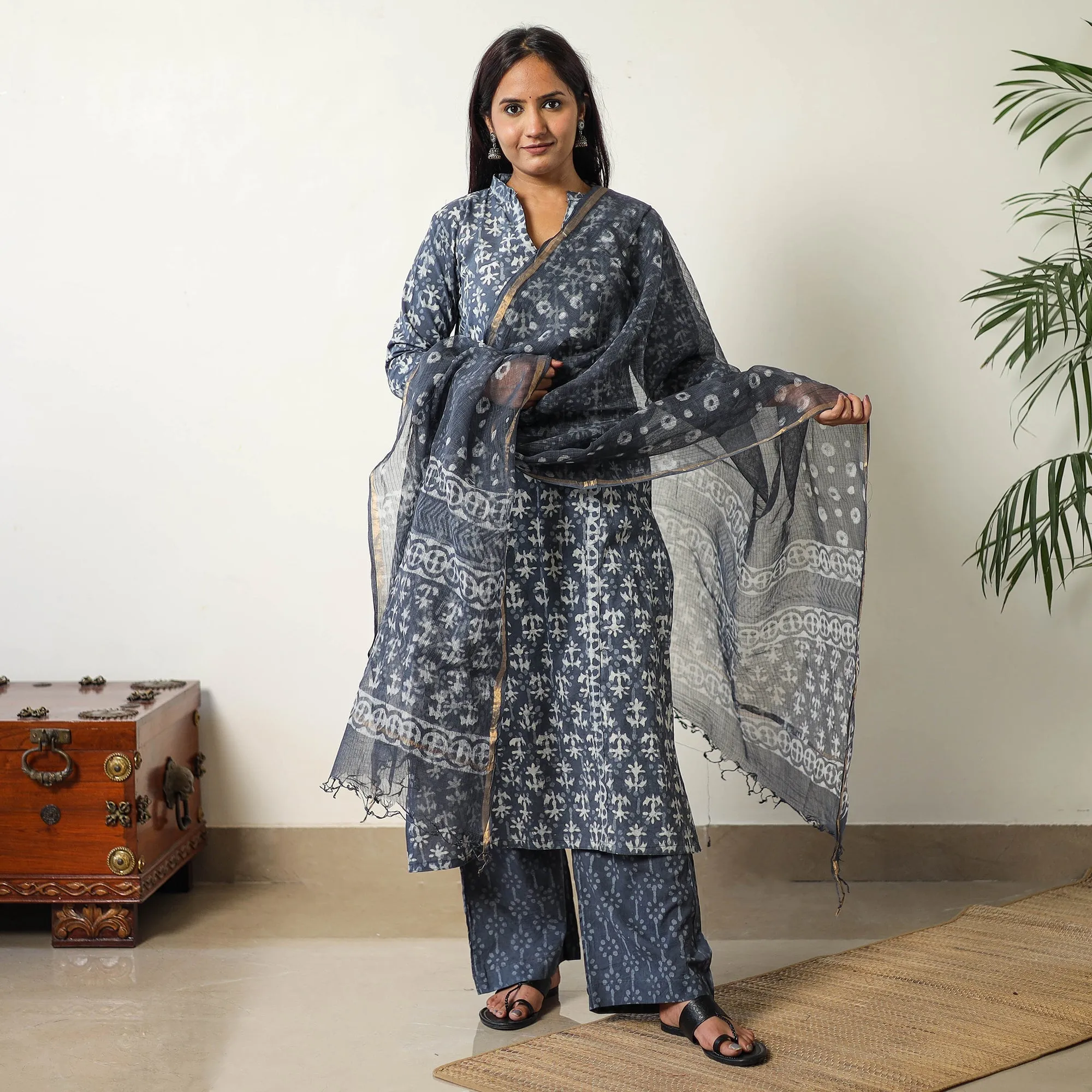 Grey - Sanganeri Block Printed Cotton Kurta with Palazzo & Dupatta Set 12 sold by Itokri