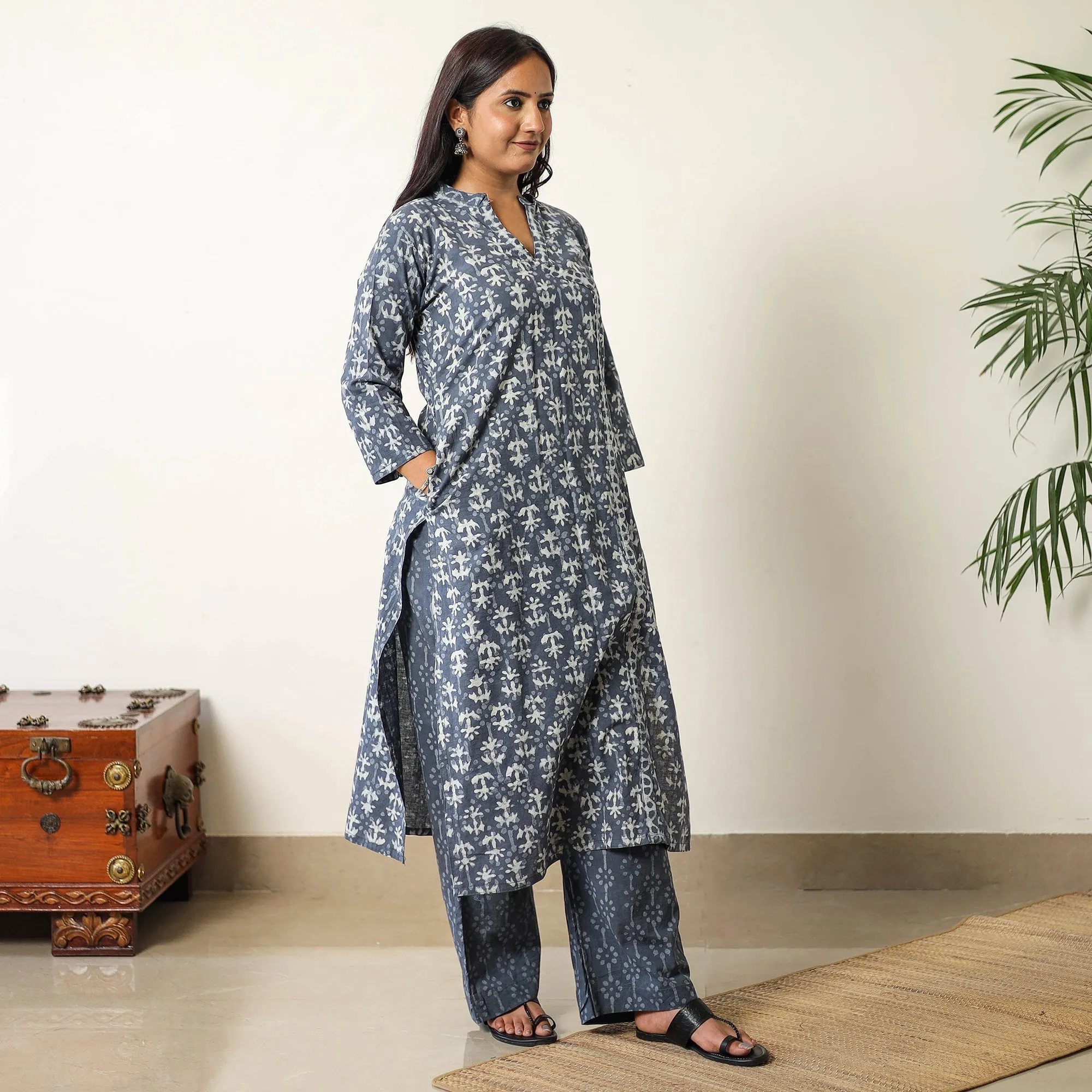 Grey - Sanganeri Block Printed Cotton Kurta with Palazzo & Dupatta Set 12 sold by Itokri product image thumbnail 3