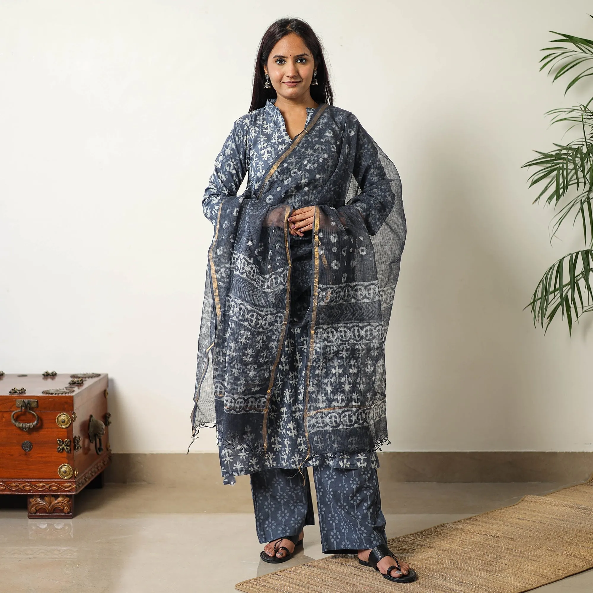 Grey - Sanganeri Block Printed Cotton Kurta with Palazzo & Dupatta Set 12 sold by Itokri product image thumbnail 2