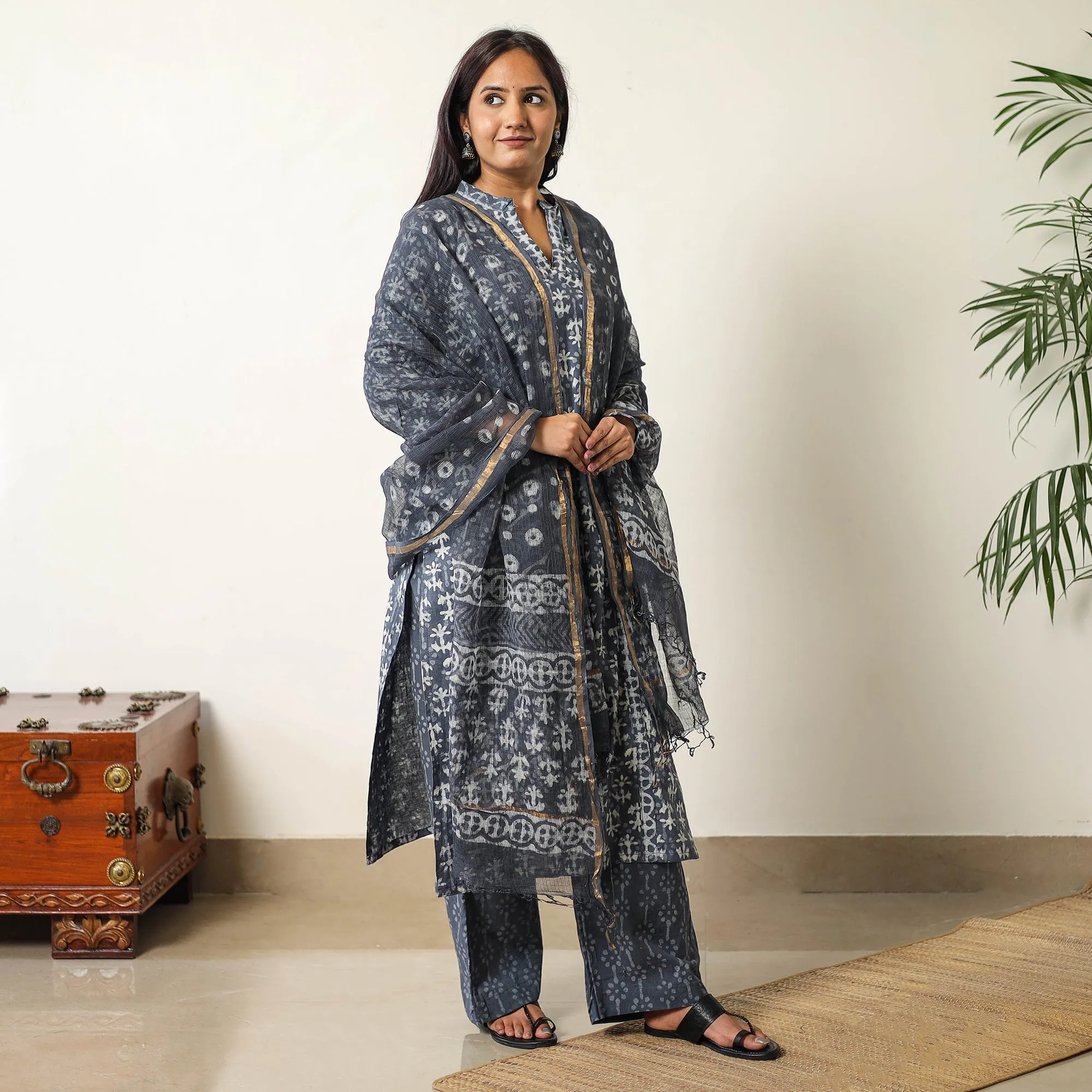 Grey - Sanganeri Block Printed Cotton Kurta with Palazzo & Dupatta Set 12 sold by Itokri product image thumbnail 4
