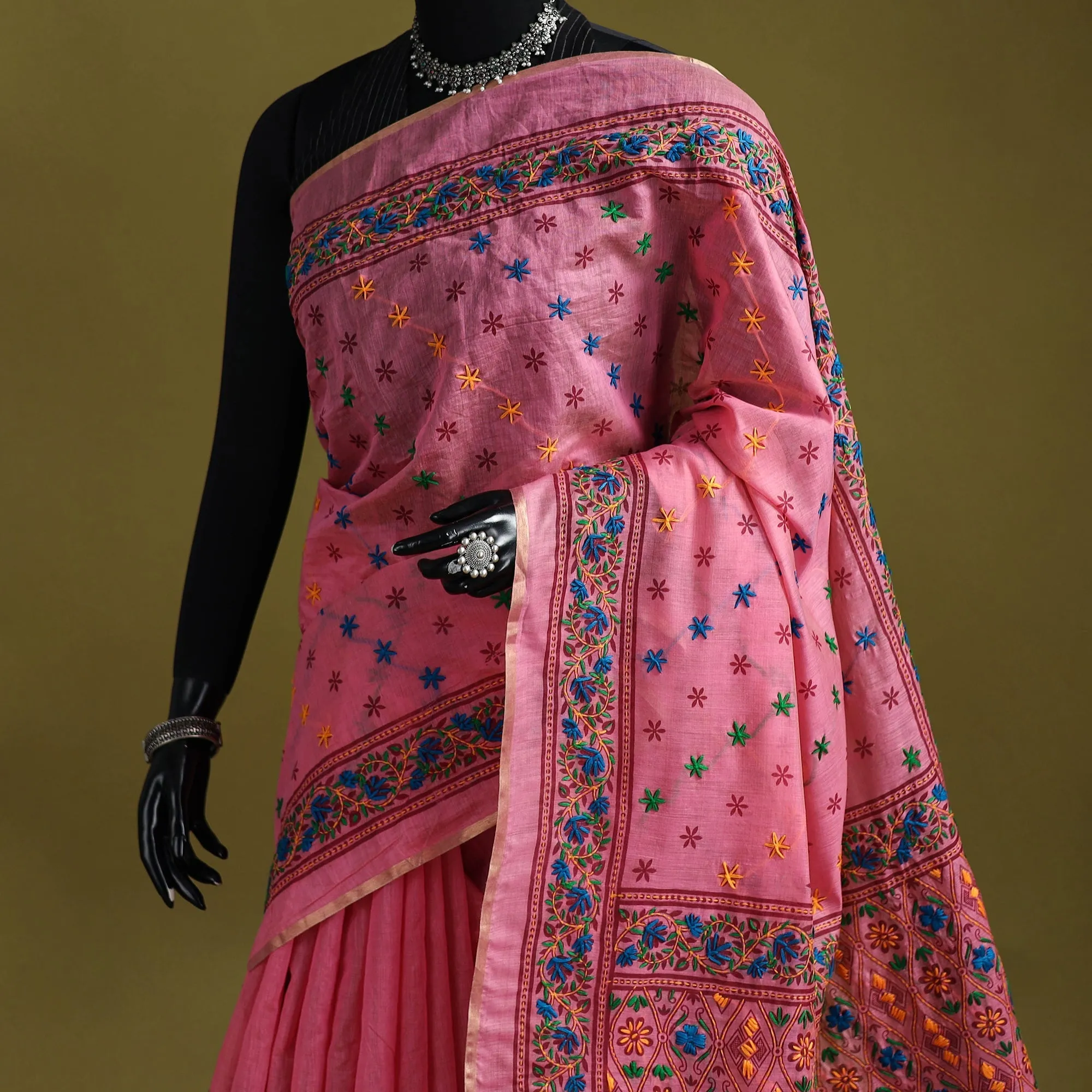 Pink - Bengal Hand Embroidery Silk Cotton Chapa Work Kantha Saree 37 sold by Itokri product image thumbnail 2