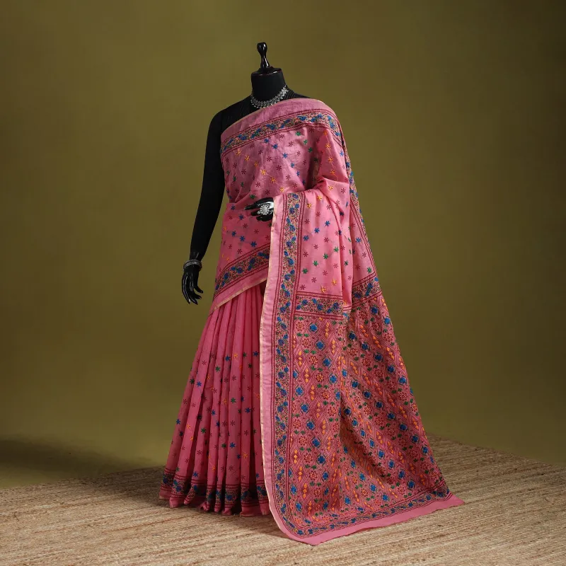 Pink - Bengal Hand Embroidery Silk Cotton Chapa Work Kantha Saree 37 made by Itokri