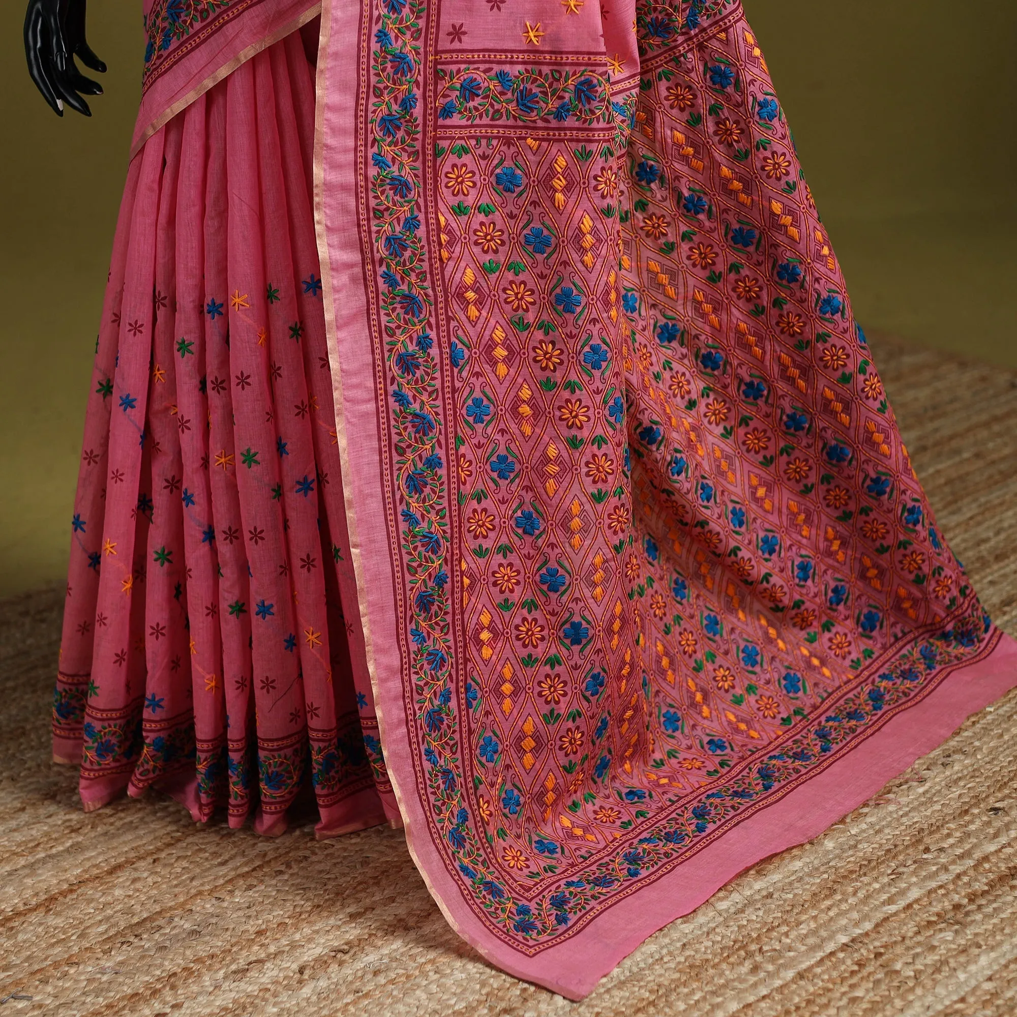 Pink - Bengal Hand Embroidery Silk Cotton Chapa Work Kantha Saree 37 sold by Itokri product image thumbnail 4