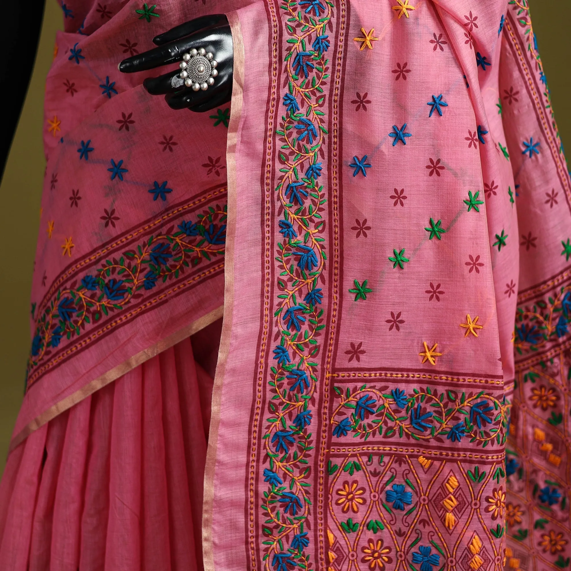 Pink - Bengal Hand Embroidery Silk Cotton Chapa Work Kantha Saree 37 sold by Itokri product image thumbnail 3