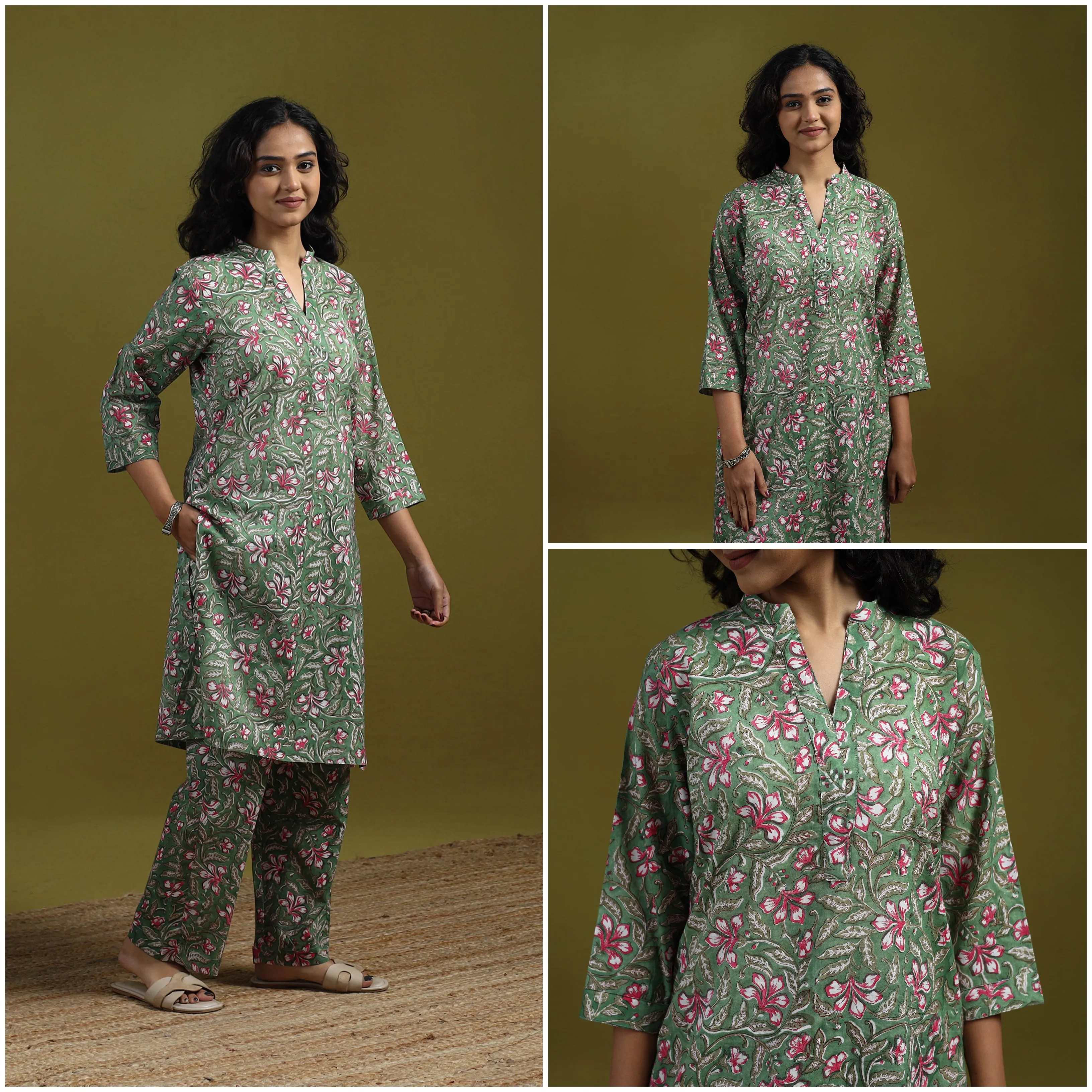 Green - Floral Block Print Cotton Sanganeri Co-Ord Set 03 sold by Itokri product image thumbnail 3